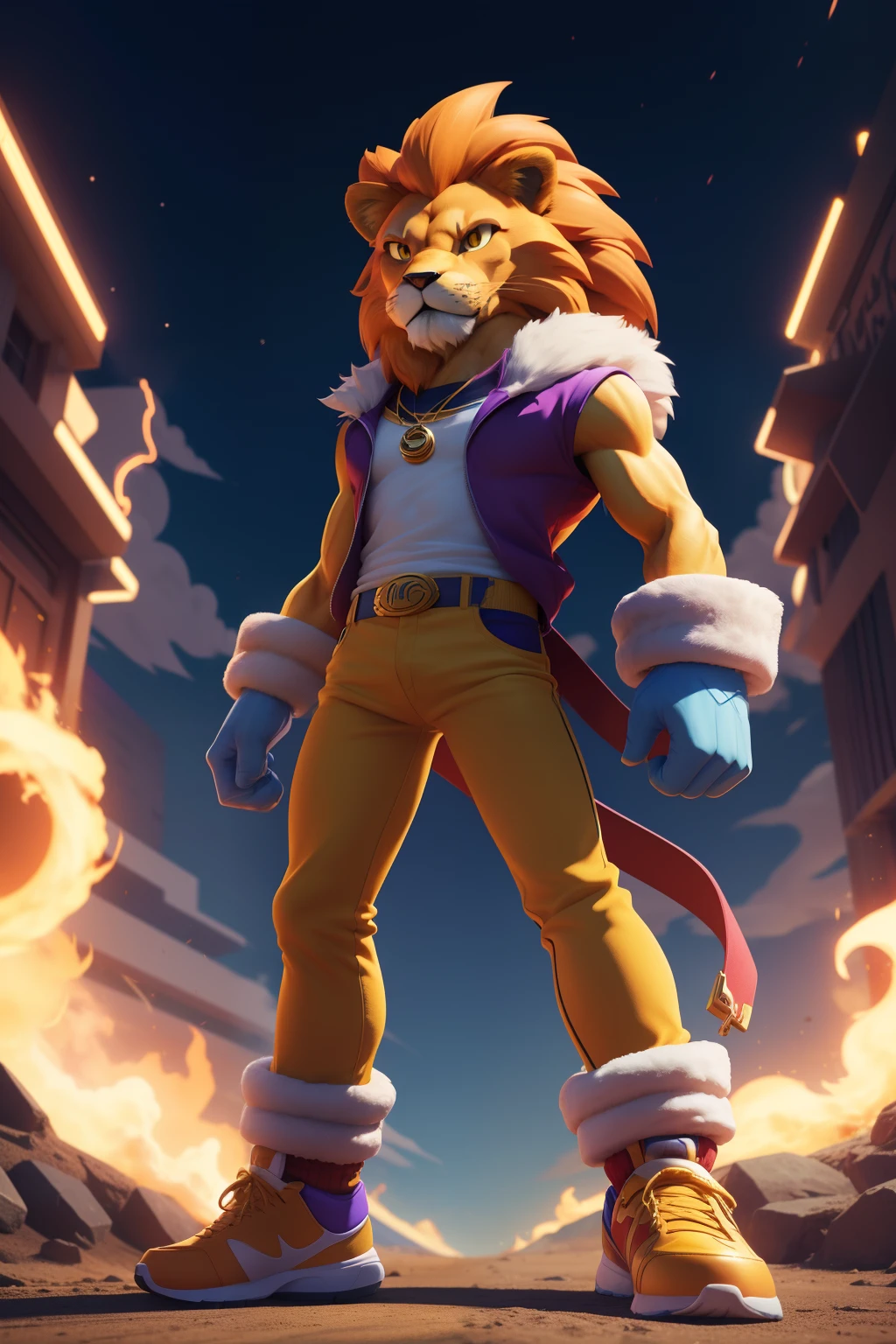 Create a Cartoon Network-style illustration of the anthropomorphic lion fused with Sonic, standing full-length from the front, showcasing his agility and charisma. The golden fur shimmers with a vivid shine, while the long mane of purple, yellow and red colors flows in the wind. Tight-fitting sportswear in the same shades adds dynamism to the composition. His red eyes, intense and sure, capture the essence of Sonic. His attitude combines the relaxation of a lion with Sonic's trademark determination. Details such as fur texture, clothing folds, and facial subtleties must be meticulously recreated. All this captured with amazing fidelity thanks to the Fujifilm GFX 100 camera in 8K quality, for a Cartoon Network-style rendering of the fused character.