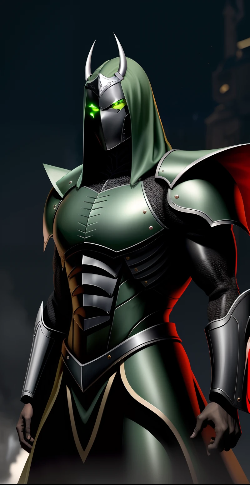 A green-eyed black demon, that has no natiz and no mouth, e no lugar dos ouvidos tem dois grandes chifres, e ele veste uma armadura meio pontuta. O seu corpo e robusto e seu rosto tem formato humano, e seu mao tem dedos pontudos e afiados.