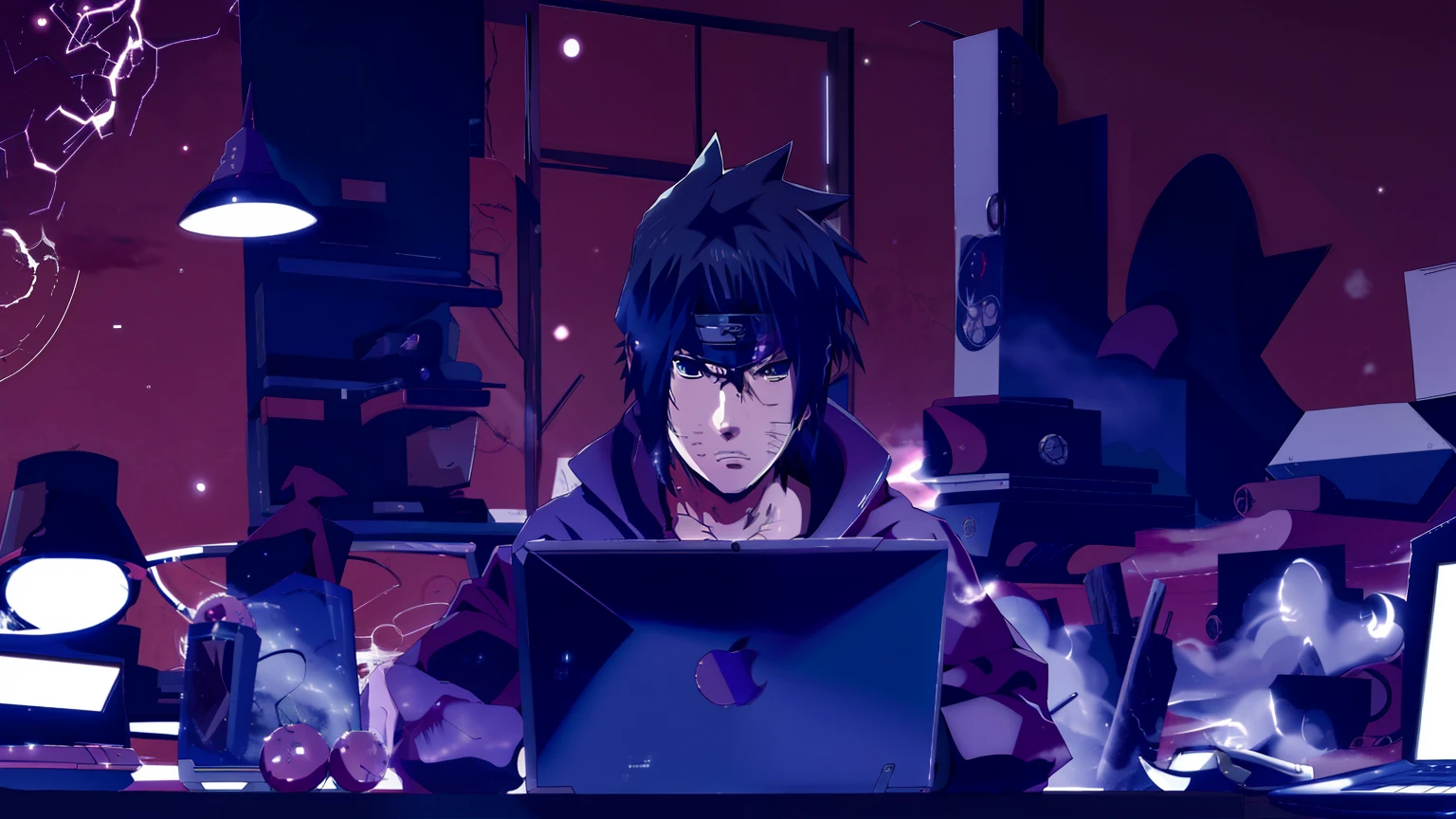 personagem de anime sentado em uma mesa com um laptop, sasuke uchiha, Estilo anime 4K, badass anime 8 k, Estilo anime moderno, Estilo anime. 8k, itatchi uchiha, Epic anime style, Steve Jobs como Hokage, Estilo anime muito moderno, Estilo anime", Estilo anime 2D, em Estilo anime, Estilo de arte Ufotable