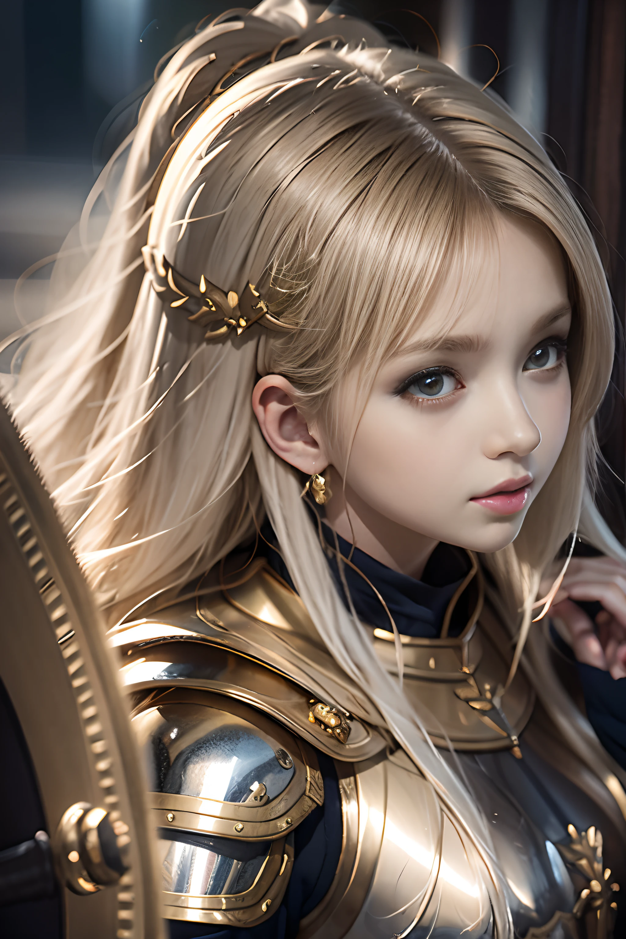 Women like Joan of Arc、Knights, golden armour,Gold Armor,With a sword and shield,Royal style,Comic style, , Sub-surface scattering, ornate detail, nature backdrop, Hyper-realistic, Cinematic, Dramatic Lighting, masutepiece、Armor and helmet with wolf motif、full face helmet、Full Plate Mail、My whole body is covered in armor、