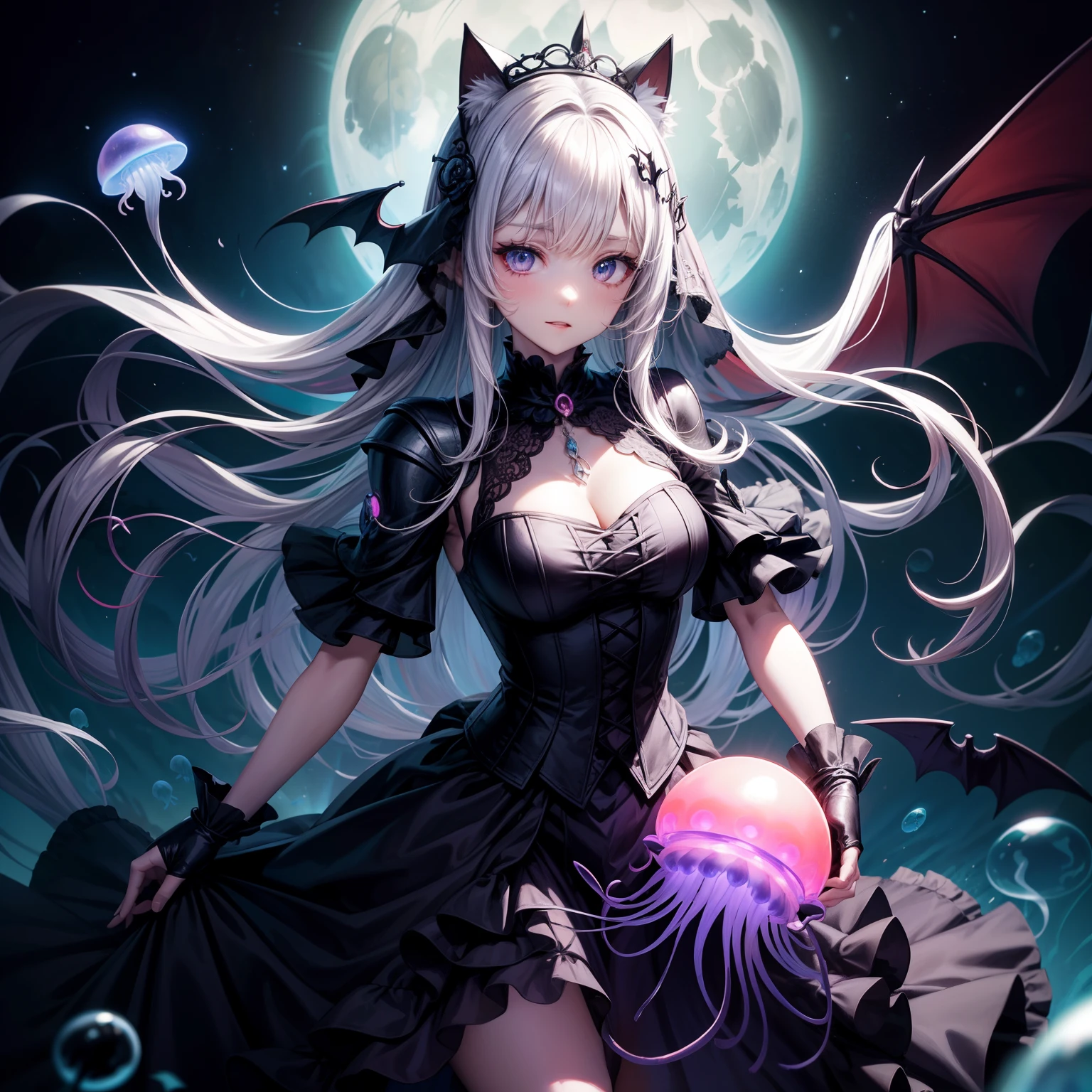 Vampire Squid Girl, Female Solo。black gothic lolita dress, capes, Purple luminous orb on dress, Jellyfish in a skirt, Bat design of the dress, Countless black jellyfish float, Jellyfish with bat wings, Tentacles from the skirt, One big black jellyfish overhead, nigh sky, fullmoon, Cat ear hair ornament on her head, Two bright balls hair ornaments on her head, Armor Ring,Face Veil