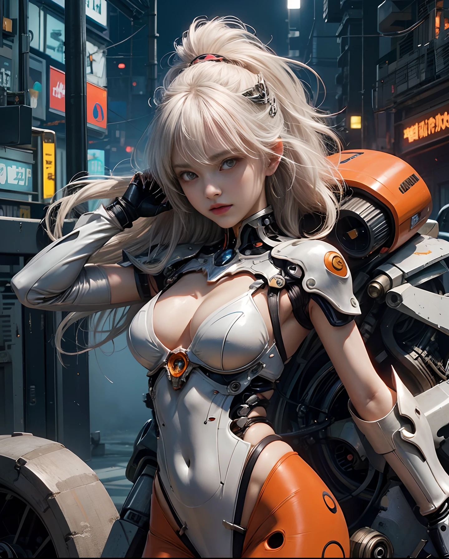 white hair、long fluttering hair、strong breeze、Orange Eyes、radiant eyes、Evangelion Girl、small tit、Breasts are small and B size、The face and chest are alive、Cleavage is visible。photoRealstic、portfolio、Evangelion-style metal mecha suit、an oppai cyberpunk、Gothloli details、metalic、detailed mechanical components、Bundle of thin tubes、Metal cylinder、Detailed neon、Fine LED、Micro components of the highest quality、Delicate orange and black suit wrapped in machine、Large mechanical weapon that looks like an enemy in the background、