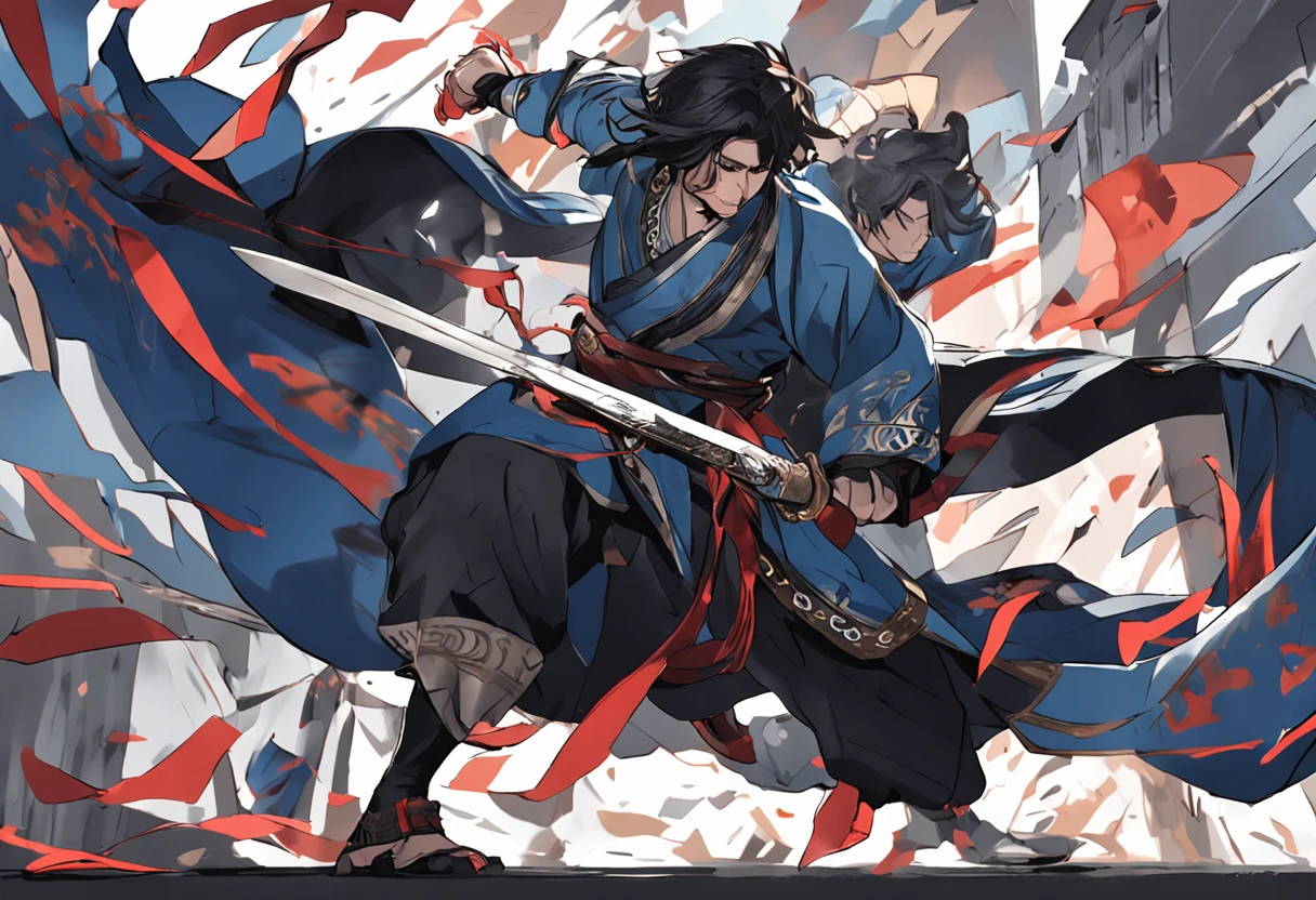 Composition with a sense of speed、Combat stance、Dark-haired young man、Soaring black hair、Blue national costume、Wielding a dagger、
