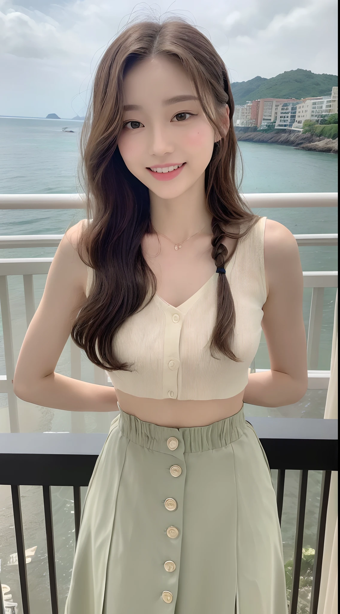 ((Best picture quality, 8K, tmasterpiece:1.3)), 1girll, Beautiful woman with slender abs:1.3, (Hairstyle waves,There is no leakage in the neutral chest),long skirt:1.1, Ultra-fine face,mesmerizing eyes, 二重まぶた,attractive smile,Seaside view,Holding a cute rag doll,