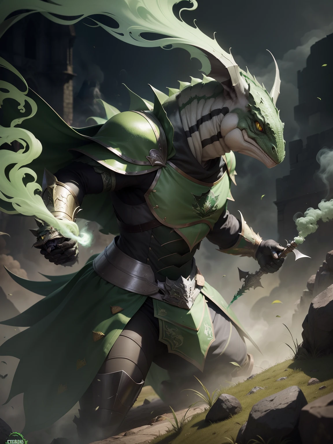 armadura dourada, Lagarto, escudo, castelo, veneno, smoke billowing, veneno verde, green smoke, Vapor verde, place covered with green smoke, veneno verde, green acid, gosma verde, action pose, demonio, armas, rabo asqueiroso,