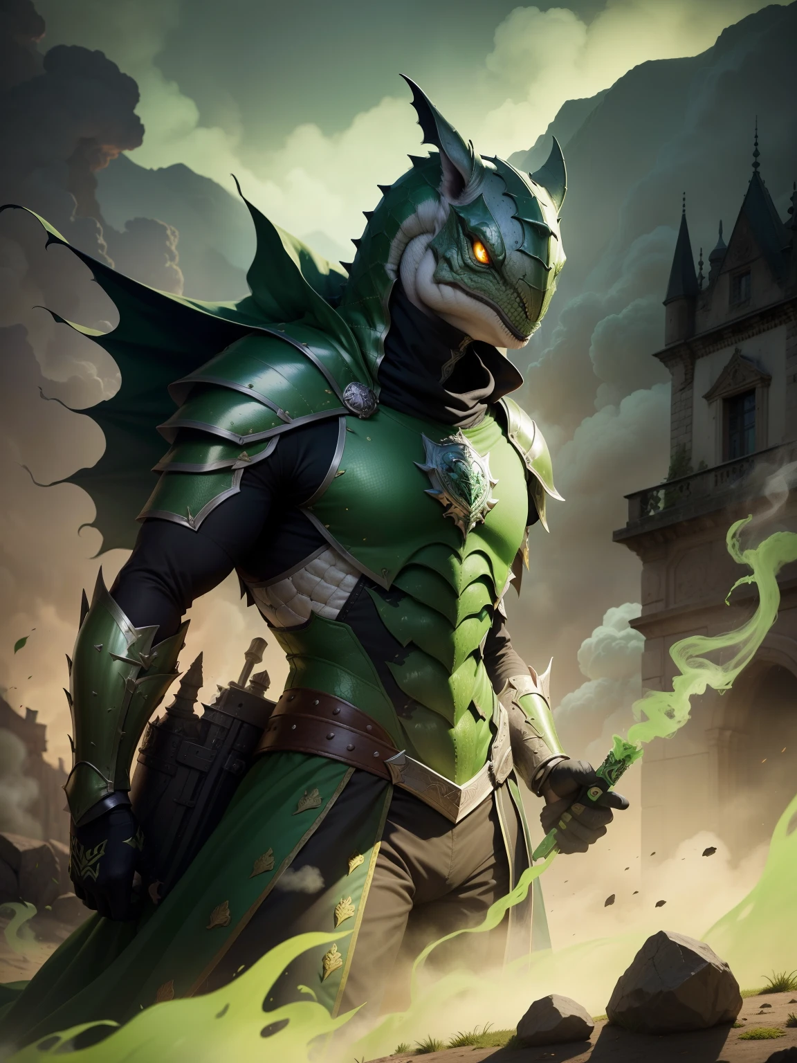 armadura dourada, Lagarto, escudo, castelo, veneno, smoke billowing, veneno verde, green smoke, Vapor verde, place covered with green smoke, veneno verde, green acid, gosma verde, action pose, demonio, armas, Rabo Asqueiroso, corpo inteiro