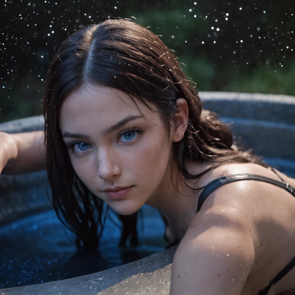stunning girl with long black hair is taking a hot open-air bath while looking at the starry sky, plump and rounded woman in [no clothes], 21 years old, dark wet hair, single braid, selfie, blue eyes, from above, blushed face, wet skin, lara croft, single braid, blue tank top, brown shorts, fingerless gloves, holster, naked, magical realism, film grain, Polaroid, Circular polarizer, Saturated, Light sparkles, (sexy), (high quality, 8k, detailed, masterpiece:1.2), hands behind head