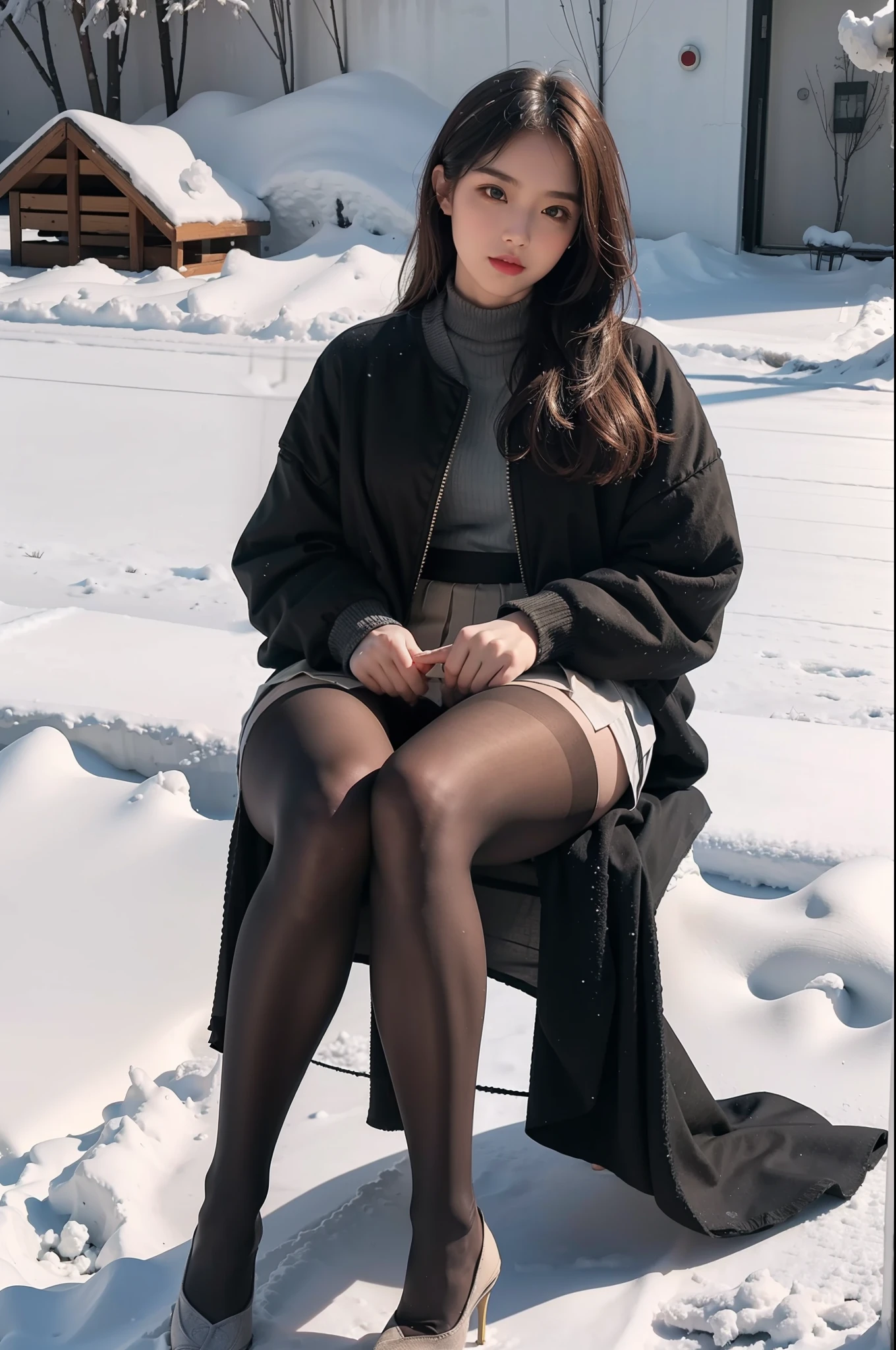 (full body:1.5)，(1girl:1.3),(view the viewer:1.4)，(anatomy correct:1.3),(Sitting in the snow:1.2),(A Western-style clothes skirt:1.2),( Very thick Lime Pantyhose:1.3),( girl pointed thick heels :1.1)，(Accurate and perfect face:1.3),hyper HD, Ray traching, reflective light， structurally correct, Award-Awarded, high detail, lighten shade contrast, Face lighting ，cinematic lighting, masterpiece, super detailing, high quality, high detail, best quality, 16k，High contrast,
