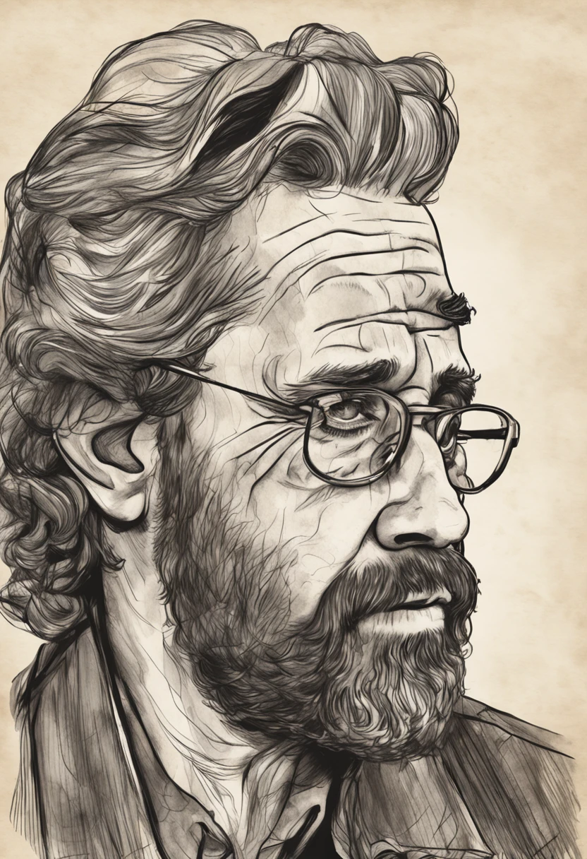 calmo, pintura a tinta e aquarela, retratando um homen com pouca barba e com um cabelo amarrado, olhar sereno, paz