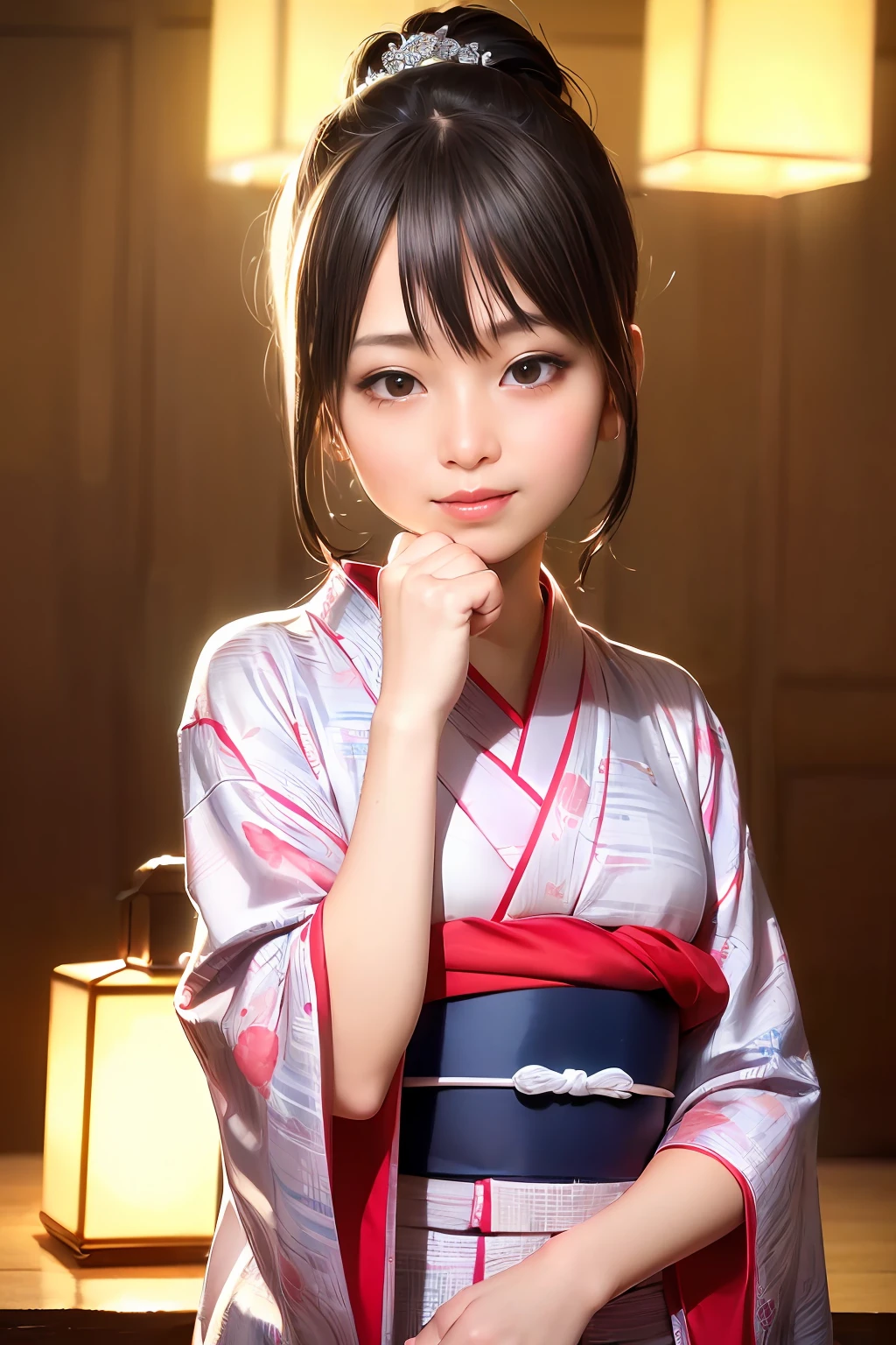 Upper body from the waist up、Are sleeping、nap、(Sleeping with your eyes closed)、(4In K、masterpiece、hight resolution、Realistic and beautiful light and shadow、One girl、Solo Focus、(top-quality)、(Hi-Res)、(extremely delicate and beautiful)、(Beautiful 8k face)、(Brown-eyed)、(I close my eyes while smiling.)、(独奏)、(Clear skin)、(Soft hair)、(hugetits)、(Plaid kimono, Red and blue floral yukata)、((Awa Odori Pose))、((Bokeh lantern light night background))、((speedo))、(reality)、thin and small nose、(red lipsticks)、(Reddening cheeks)、poneyTail、(Lustrous skin)、((Ukiyo-e style))、Ultra-thin eyebrows、Ultra high image quality、(Wearing maiko-style makeup)、skin whitening、long and beautiful lashes、Turning around in the style of a Kyoto magazine model、((s asleep))、Lustrous skin、(Red-dyed cheeks)