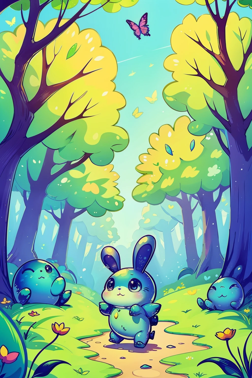 a cute little slime monster walks happily in a forest, trees with lots of leaves, flowers, blue sky, cute bunnies follow the little monster in the magic forest, butterflys,