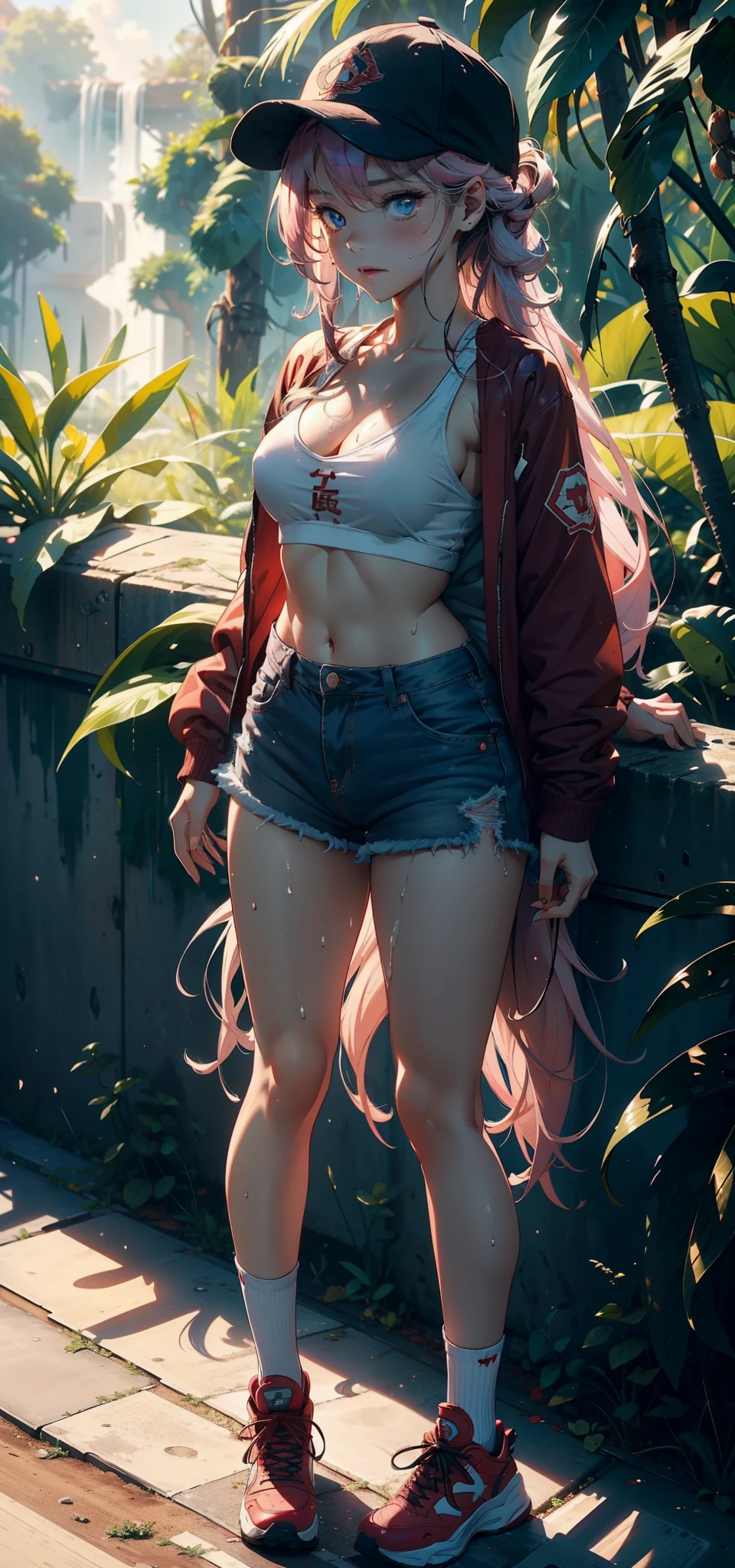 1female,36 years old,熟妇,mature,Bigchest,Big breasts Thin waist,slenderlegs,long leges,Busty and sexy,Pornographic exposure, 独奏,(Background with:bamboo forrest,clubs) She has long silver-gray hair,standing on your feet,Sweat profusely,drenched all over the body,seen from the front, hair straight, mostly cloudy sky,(((tmasterpiece),(Very detailed CG unity 8K wallpaper),best qualtiy,cinmatic lighting,detailed back ground,beatiful detailed eyes,Bright pupils,(Very fine and beautiful),(Beautiful and detailed eye description),Blue eyes,Redlip,ultra - detailed,tmasterpiece,)),facing at camera,A high resolution,ultra - detailed),revealing breasts,Bare genitalia, Bulge,legs are open,sexyposture,Camel toes,Flushed complexion,Smile,frontage,(Wearing:Red baseball jacket,Sexy denim shorts,athletic sneakers)