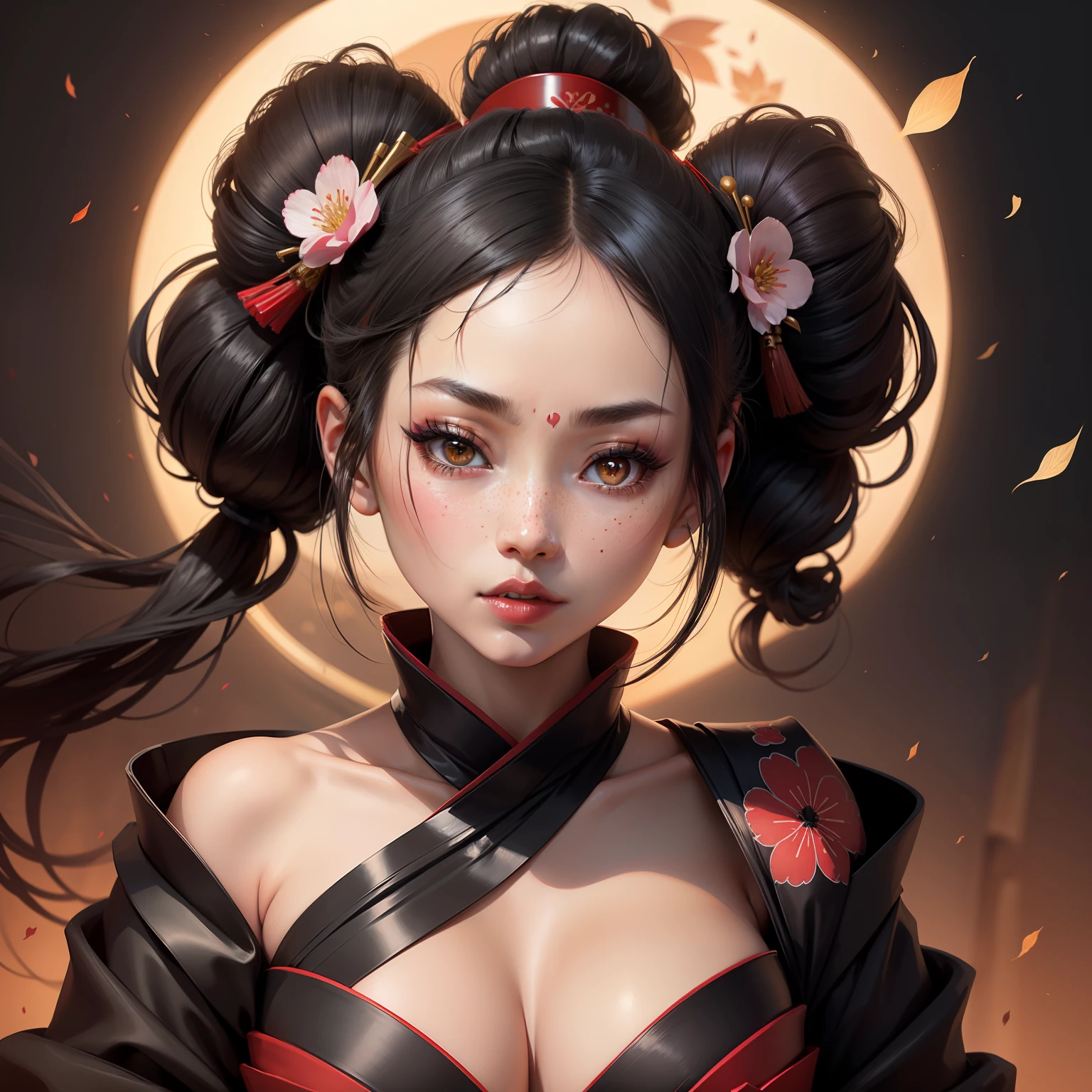 Seductive geisha, wear black kimono, black hair, red moon, dark skin complexion, cherry blossom on hair, 4k, almond eyes, big lip, logo, heart shape face, face fuller, sexy hair tied up, black eyes, dark red lipstick, female samurai warrior, swords, face shots, head shots, freckles on the face, up close head face shots, full hair