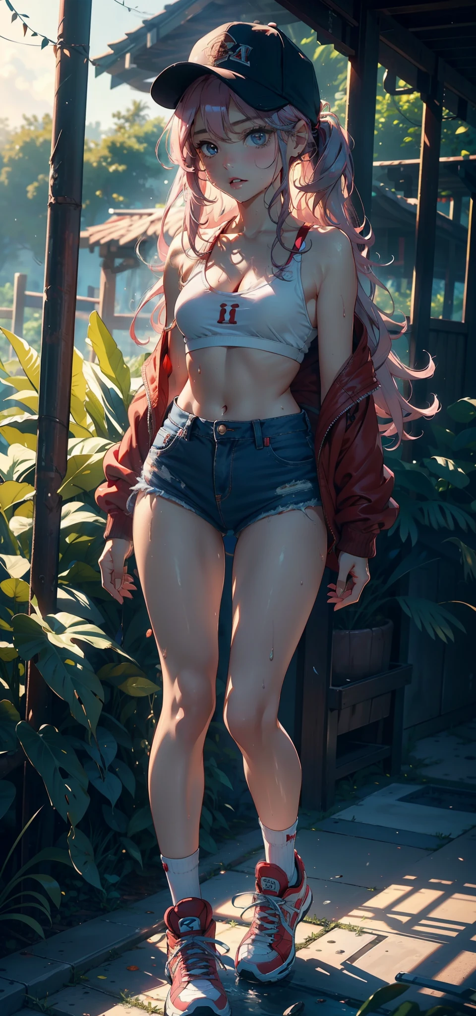 1female,yo,Small lo,bit l,Tiny breasts,Pornographic exposure, 独奏,(Background with:ln the forest,the rainforest,in summer) She has long pink hair,standing on your feet,Sweat profusely,drenched all over the body,seen from the front, curlies, mostly cloudy sky,(((tmasterpiece),(Very detailed CG unity 8K wallpaper),best qualtiy,cinmatic lighting,detailed back ground,beatiful detailed eyes,Bright pupils,(Very fine and beautiful),(Beautiful and detailed eye description),ultra - detailed,tmasterpiece,)),facing at camera,Full body photo,A high resolution,ultra - detailed),revealing breasts,Bare genitalia, Lower body elevation,Raised sexy,Camel toes,Flushed complexion,Open-mouthed,frontage,baseball cap(Wearing:Red baseball jacket,denim short,athletic sneakers)nakeness,