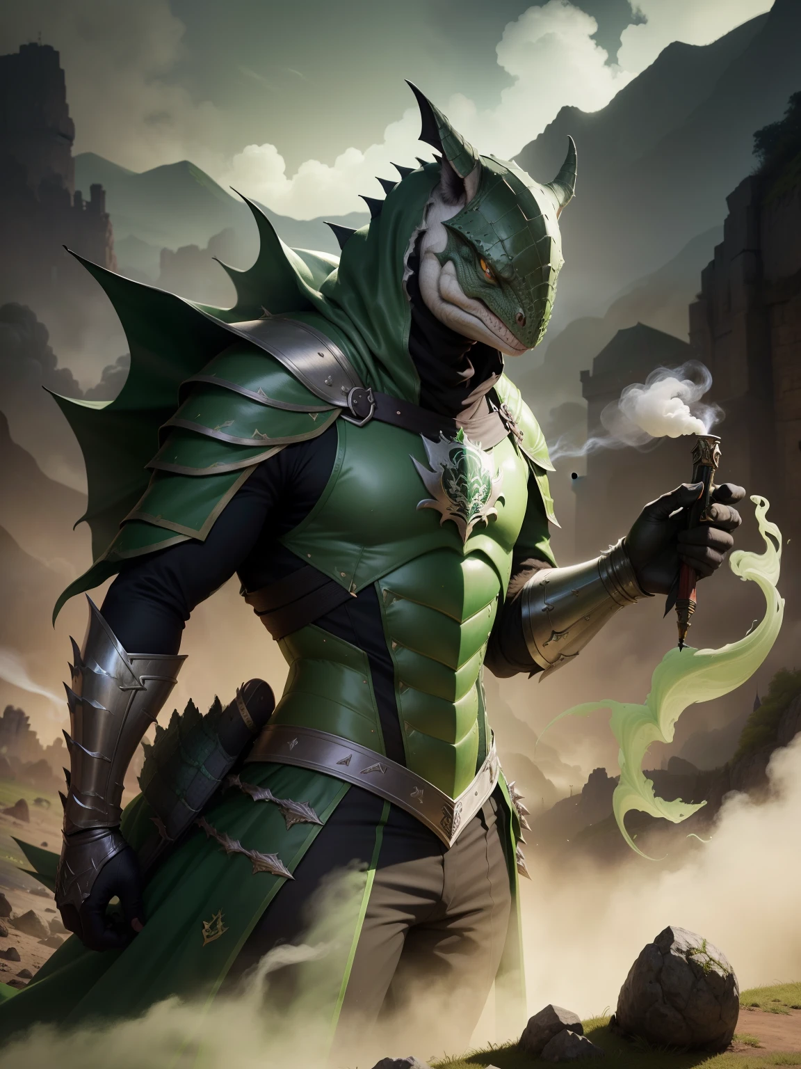 armadura dourada, Lagarto, escudo, castelo, veneno, smoke billowing, veneno verde, green smoke, Vapor verde, place covered with green smoke, veneno verde, green acid, gosma verde, action pose, demonio, armas, Rabo Asqueiroso, corpo inteiro