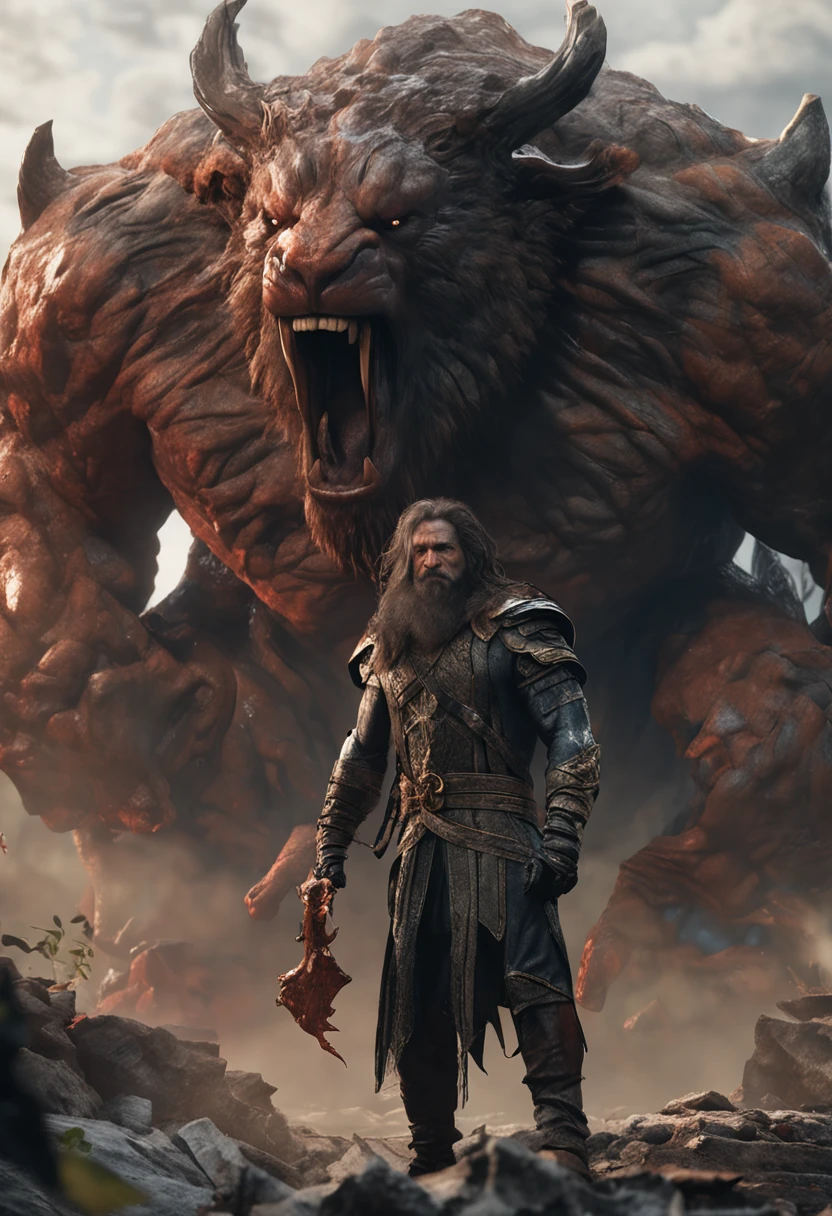 (professional 3d render:1.3) af (Realistic:1.3) most beautiful artwork photo in the world,Features soft and shiny male 40 y.o, ((Epic hero fantasy muscle man rough wet hero angry look long hair short beard and ferocious expression in dynamic pose, Fantastic location, Majestic cluttered environment)), full body 8k unity render, action shot, skin pore, very dark lighting, heavyshading, Detailed, Detailed face, (vibrant, photograph realistic, Realistic, Dramatic, Dark, Sharp focus, 8K), (Old leather garments damaged by weathering:1.4), ((((Wear fur)))), (Intricate:1.4), decadent, (Highly detailed:1.4), Digital painting, rendering by octane, art stations, concept-art, smooth, Sharp focus, illustration, Art germ, (loish:0.23), wlop ilya kuvshinov, and greg rutkowski and alphonse mucha gracias, (Global illumination, Studio light, volumettic light), heavy rain, particles floating, lotr, fantasy, elf, full bodyesbian, ((Dark and ancient city background:1.3)),CGSesociety,art stations