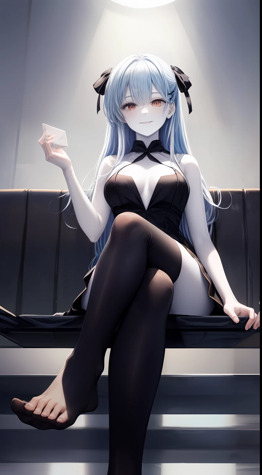 from below, (black thighhighs), showing foot to viewer, (foot focus), (presenting foot), looking at viewer, from below, ((hand on own thigh)), eyelashes, (pale skin:1.6), anime style, masterpiece, 8k, sharp details, 1girl, solo, light blue hair, full body black dress with skirt, mature female, medium breasts, black side twin hair ribbon, brown eyes, long hair, sleeveless, closed mouth, crossed legs, smile, sitting