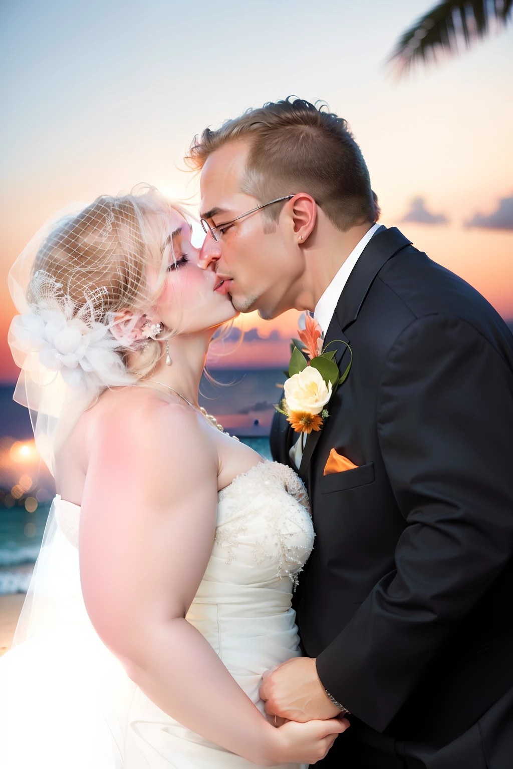 "Wedding on a tropical beach, twilight, faint stars, fireworks in the sky, majestic sunset lighting, cinematic, HDR, realistic, masterpiece."
