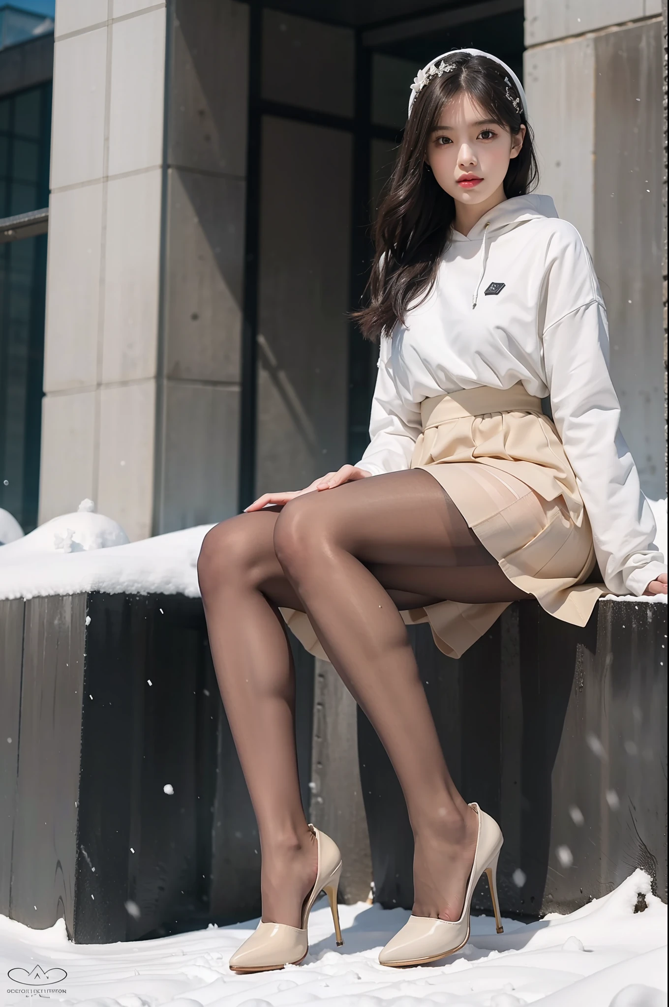 (full body:1.5)，(1girl:1.3),(view the viewer:1.4)，(anatomy correct:1.3),(Sitting in the snow:1.2),(A flared skirt:1.2),( Very thick Lime Pantyhose:1.3),( girl pointed thick heels :1.1)，(Accurate and perfect face:1.3),hyper HD, Ray traching, reflective light， structurally correct, Award-Awarded, high detail, lighten shade contrast, Face lighting ，cinematic lighting, masterpiece, super detailing, high quality, high detail, best quality, 16k，High contrast,