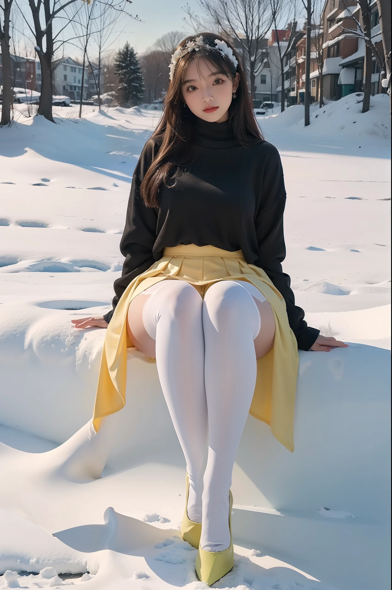 (full body:1.5),(1girl:1.3),(view the viewer:1.4),(anatomy correct:1.3),(Sitting in the snow:1.2),(A flared skirt:1.2),( Very thick Lime Pantyhose:1.3),( girl pointed thick heels :1.1),(Accurate and perfect face:1.3),hyper HD, Ray traching, reflective light, structurally correct, Award-Awarded, high detail, lighten shade contrast, Face lighting ,cinematic lighting, masterpiece, super detailing, high quality, high detail, best quality, 16k,High contrast,