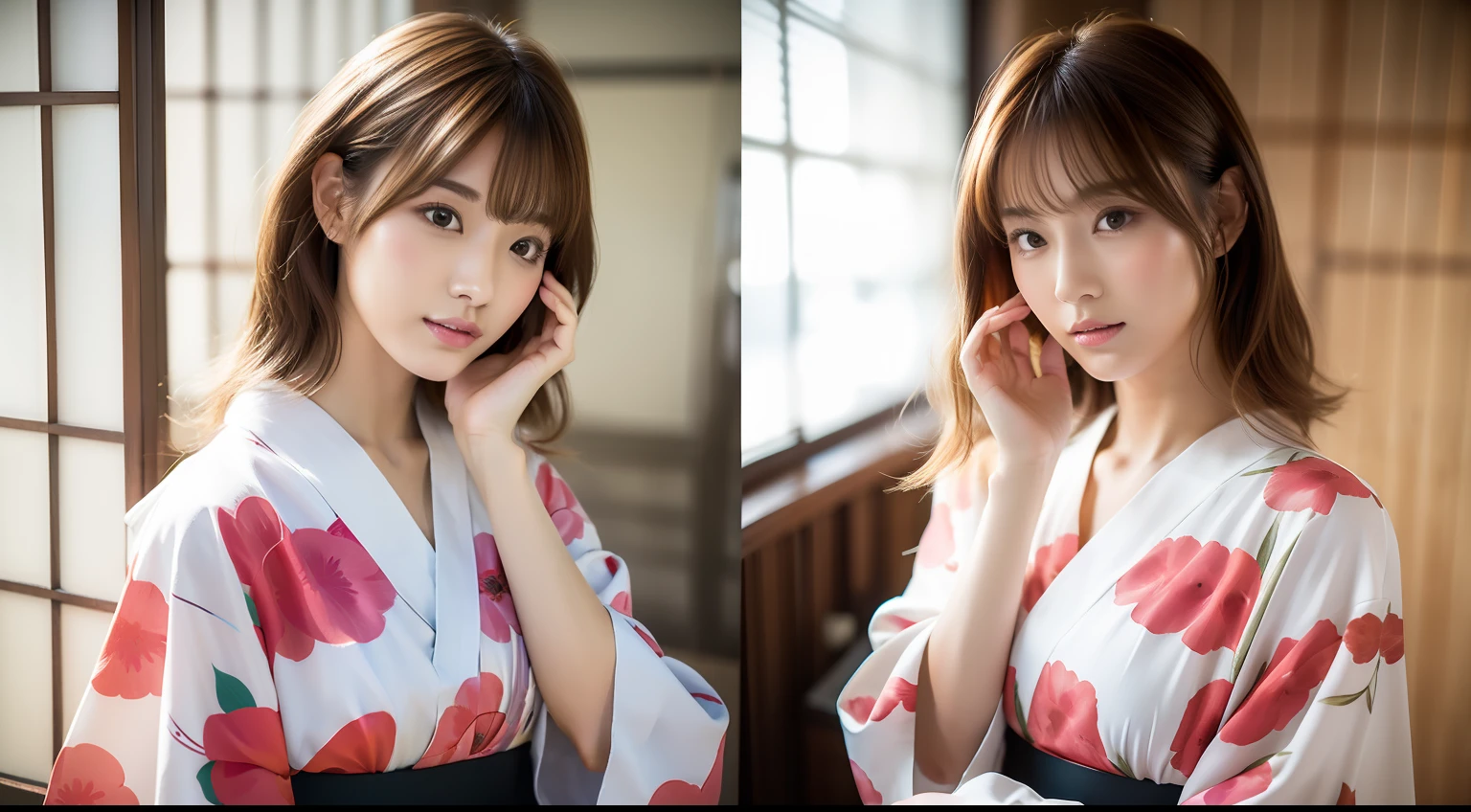 (8k, highest quality, master pee: 1.2), (hair, _style), (realistic, photorealistic: 1.37), highest quality, master pee, simple shooting studio room with natural light, [small breasts], two models with different atmospheres, one of the two in perspective and balanced, one photo, high balance, waist up, Camera angle with background facing up, hands holding hair to ears, hair set and summer yukata style to match the trend of 2023, 3 years Japan for two, realistic, realistic, super detail, beautiful face, 30s, actress, half Japanese and Russian model, elaborate CG, slender, adorable, mature, long model and bob model for 3 years Japan, hair fluttering in the wind, delicate skin type, Hair with fine details and softness, model hair color is slightly bright and soft, glossy makeup, yukata is gentle color and cute impression