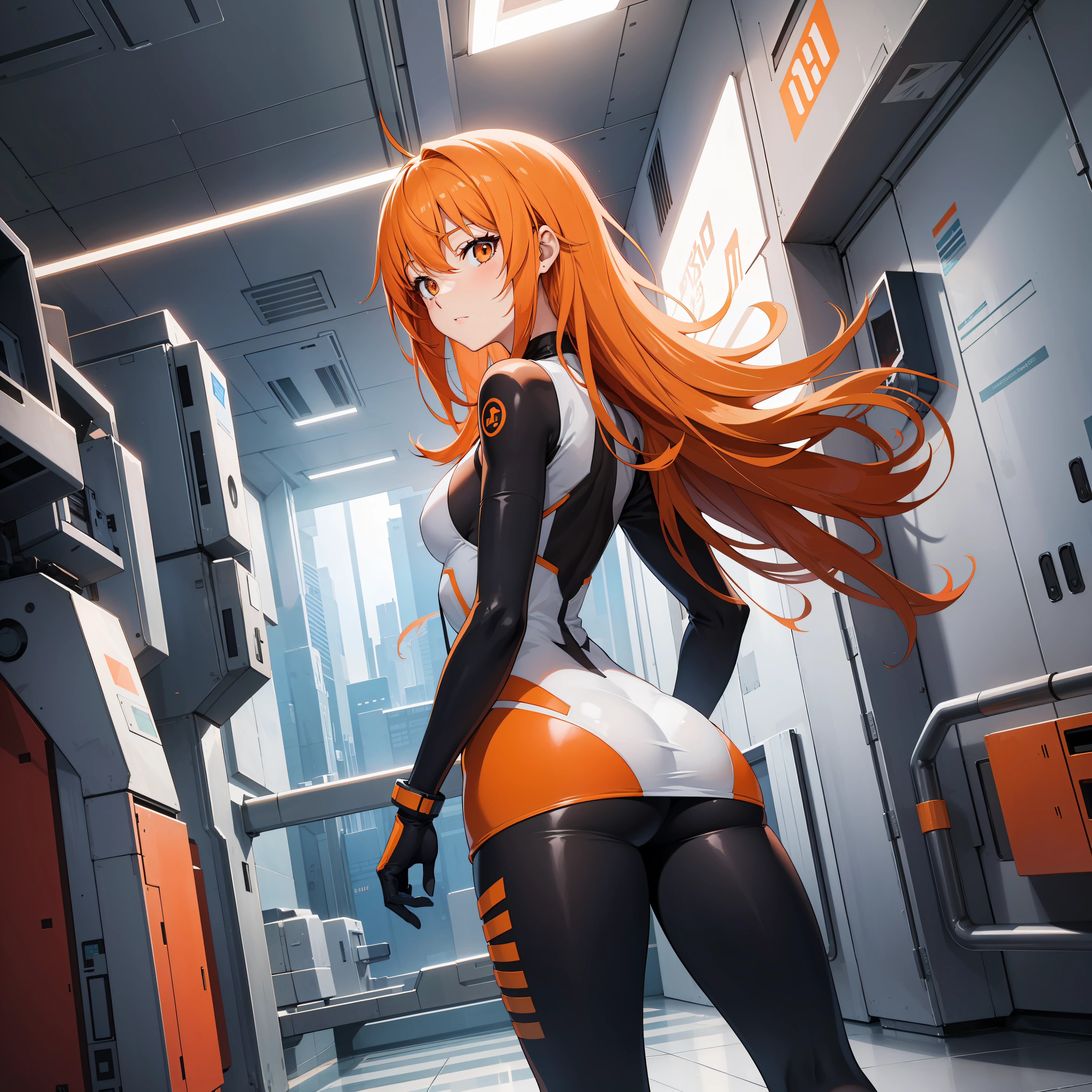 masterpiece, realistic, photo realistic, hyper realistic,8k,masterpiece,best quality, spaceship,sci-fi, space in background through window, outer space
AND cute girl, with orange hair, small breast, (black sci-fi armor), spaceship interior, outerspace
AND spaceship interior, window, outer space in background visible through window, galaxy, stars
AND spaceship interior