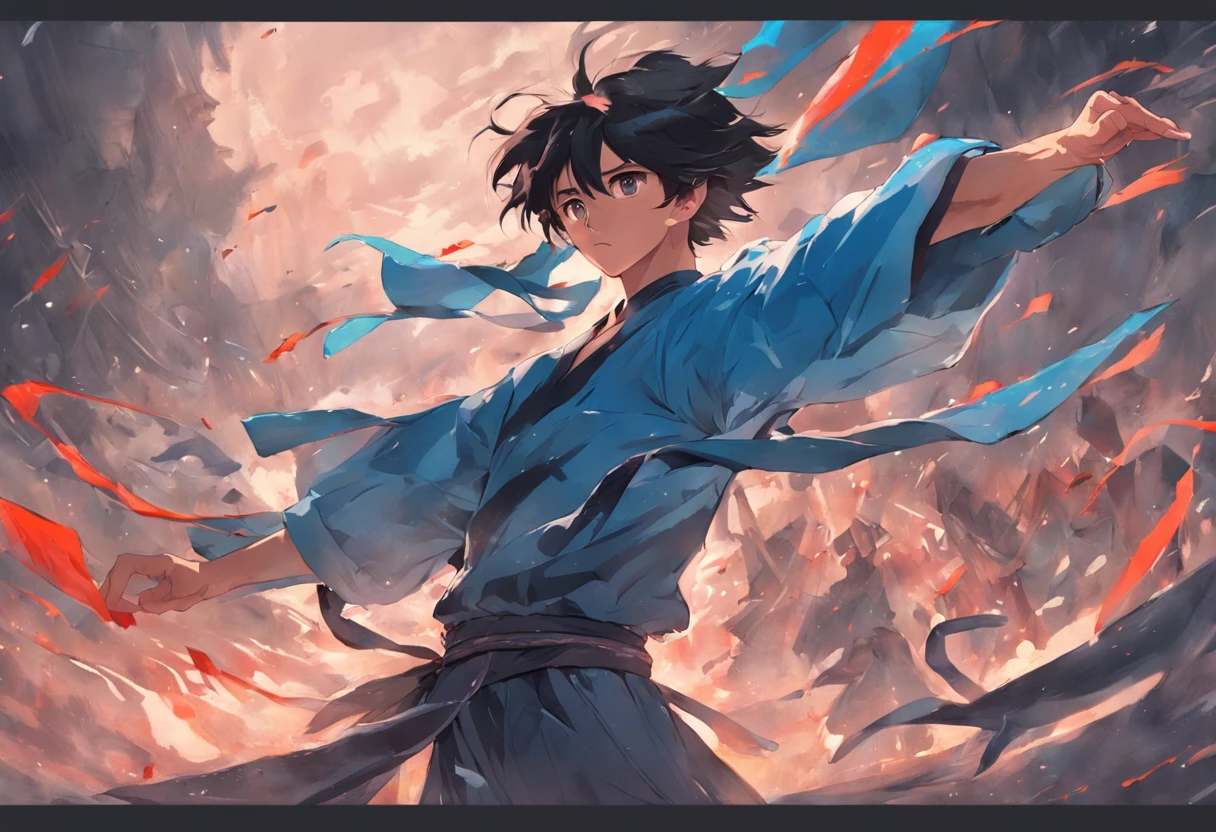 Composition with a sense of speed、Combat stance、Dark-haired young man、Soaring black hair、Blue national costume、Wielding a dagger、