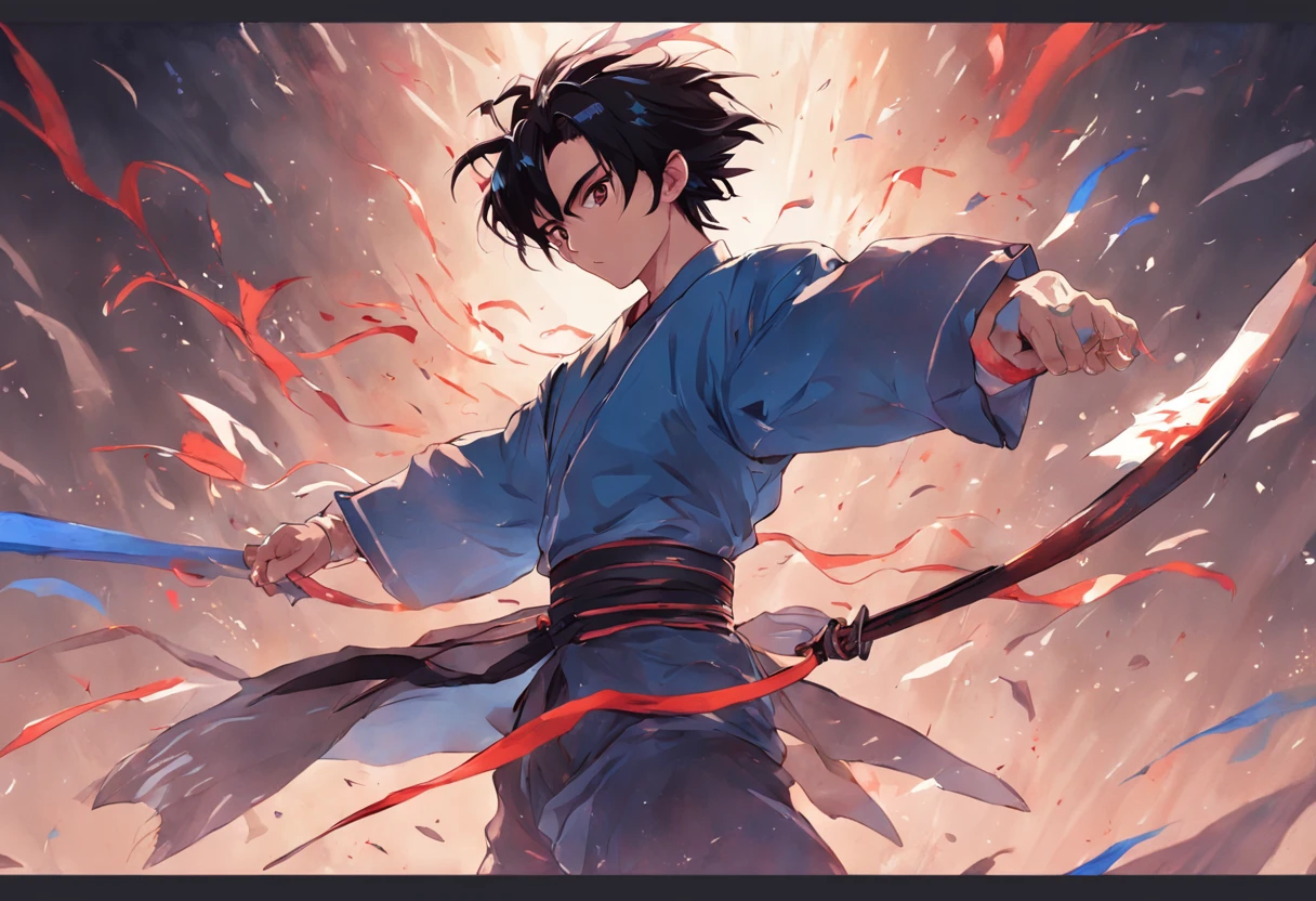 Composition with a sense of speed、Combat stance、Dark-haired young man、Soaring black hair、Blue national costume、Wielding a dagger、
