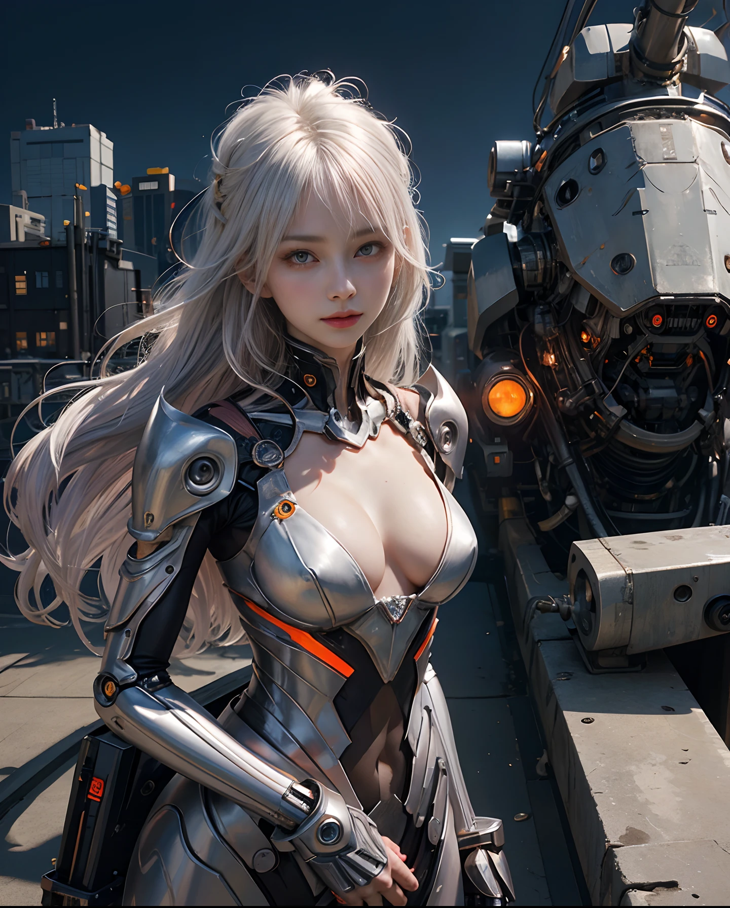 white hair、Silver hair with pink gradients、long fluttering hair、strong breeze、Orange Eyes、radiant eyes、Evangelion Girl、small tit、Breasts are small and B size、The face and chest are alive、Cleavage is visible。photoRealstic、portfolio、Evangelion-style metal mecha suit、an oppai cyberpunk、Gothloli details、metalic、detailed mechanical components、Bundle of thin tubes、Metal cylinder、Detailed neon、Fine LED、Top quality microcomponents、Delicate orange and black suit wrapped in machine、A large mechanical weapon protecting her in the background、Hair that flutters in the wind、