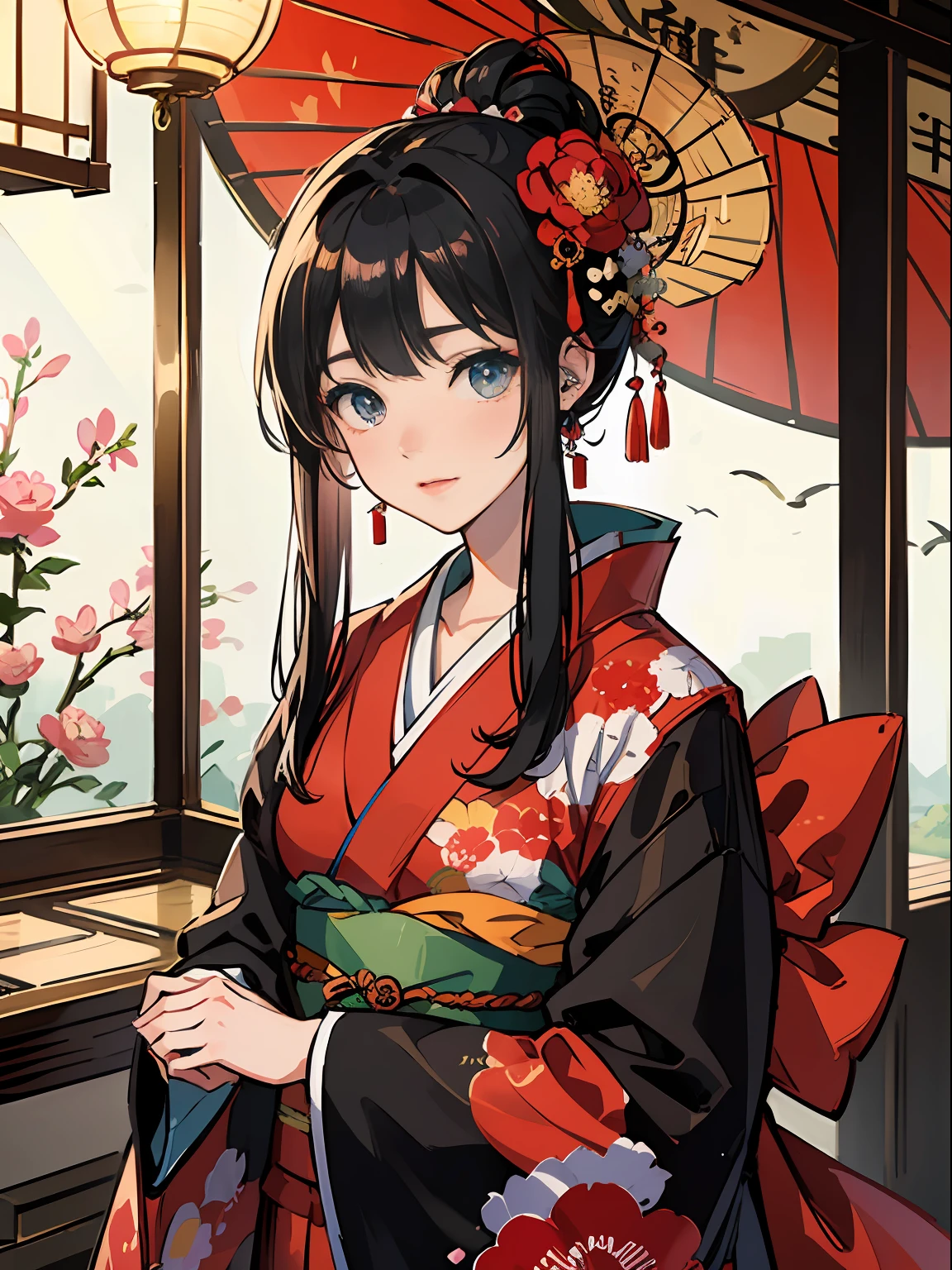 Master Pieces,hyper quality, Hyper Detailed,Perfect drawing,独奏、Beauty in the world、Komono、Japanese dress、Black-haired、Japanese hair、Colorful Japan kimono、Nishijin Ori、Delicate and smart eyes、Half-open lips、sidelong glance、Graceful、Gorgeous、Beautiful、red blush(0.2)、Dazzling、Stunning、Gorgeous、Gentle、Shunguang、natural soft light、Flowers and Birds Fugetsu、traditional Japanese room、Accurate drawing、Detailed drawing、