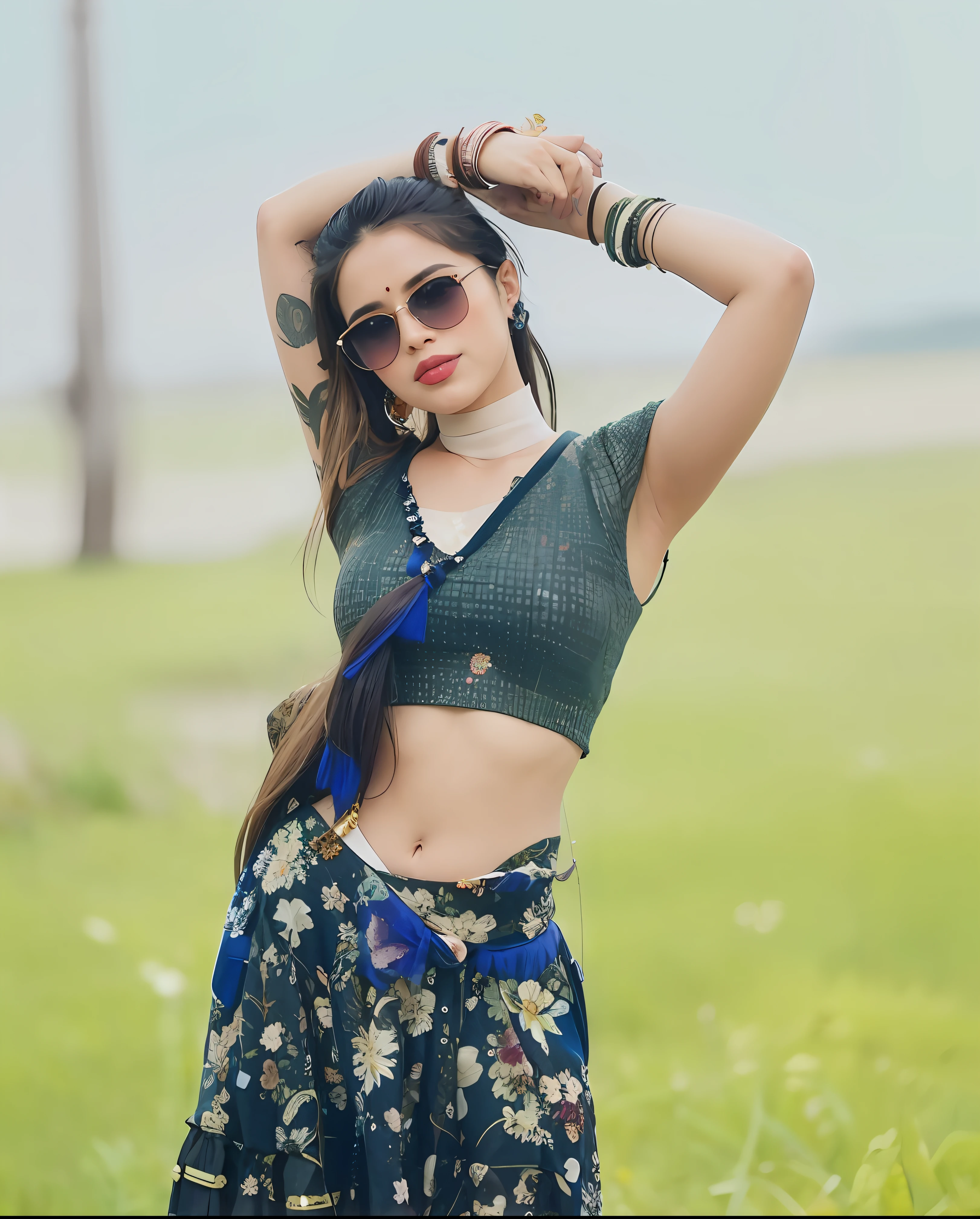 a woman in a floral skirt and sunglasses posing for a picture, stylish pose, assamese aesthetic, profile image, attractive pose, cute beautiful, wearing an elegant tribal outfit, modeling photography, beautiful cute, beautiful model girl, sexy girl, profile pic, modeling shoot, wearing crop top, very beautiful girl, beautiful pose, cute woman, indian super model, instagram model