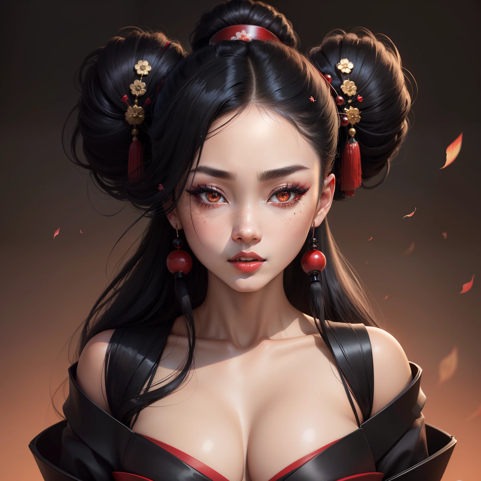Seductive geisha, wear black kimono, black hair, red moon, dark skin complexion, cherry blossom on hair, 4k, almond eyes, big lip, logo, heart shape face, face fuller, sexy hair tied up, black eyes, dark red lipstick, female samurai warrior, swords, face shots, head shots, freckles on the face, up close head face shots, full hair