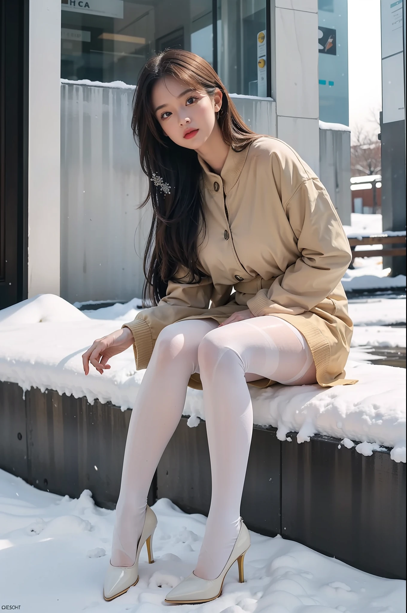 (full body:1.5),(1girl:1.3),(view the viewer:1.4),(anatomy correct:1.3),(Sitting in the snow:1.2),(A A-line:1.2),( Very thick Lime Pantyhose:1.3),( girl pointed thick heels :1.1),(Accurate and perfect face:1.3),hyper HD, Ray traching, reflective light, structurally correct, Award-Awarded, high detail, lighten shade contrast, Face lighting ,cinematic lighting, masterpiece, super detailing, high quality, high detail, best quality, 16k,High contrast,