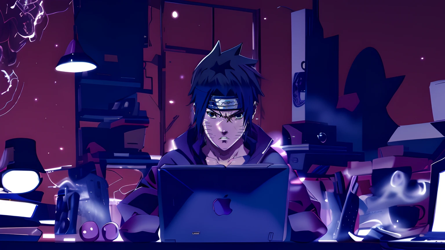 personagem de anime sentado em uma mesa com um laptop, sasuke uchiha, Estilo anime 4K, badass anime 8 k, Estilo anime moderno, Estilo anime. 8k, itatchi uchiha, Epic anime style, Steve Jobs como Hokage, Estilo anime muito moderno, Estilo anime", Estilo anime 2D, em Estilo anime, Estilo de arte Ufotable