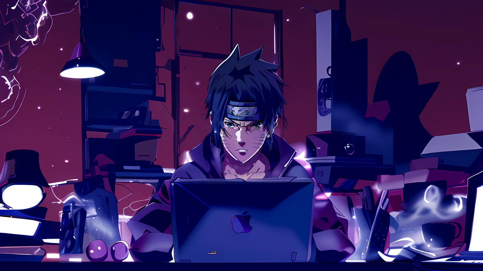 personagem de anime sentado em uma mesa com um laptop, sasuke uchiha, Estilo anime 4K, badass anime 8 k, Estilo anime moderno, Estilo anime. 8k, itatchi uchiha, Epic anime style, Steve Jobs como Hokage, Estilo anime muito moderno, Estilo anime", Estilo anime 2D, em Estilo anime, Estilo de arte Ufotable