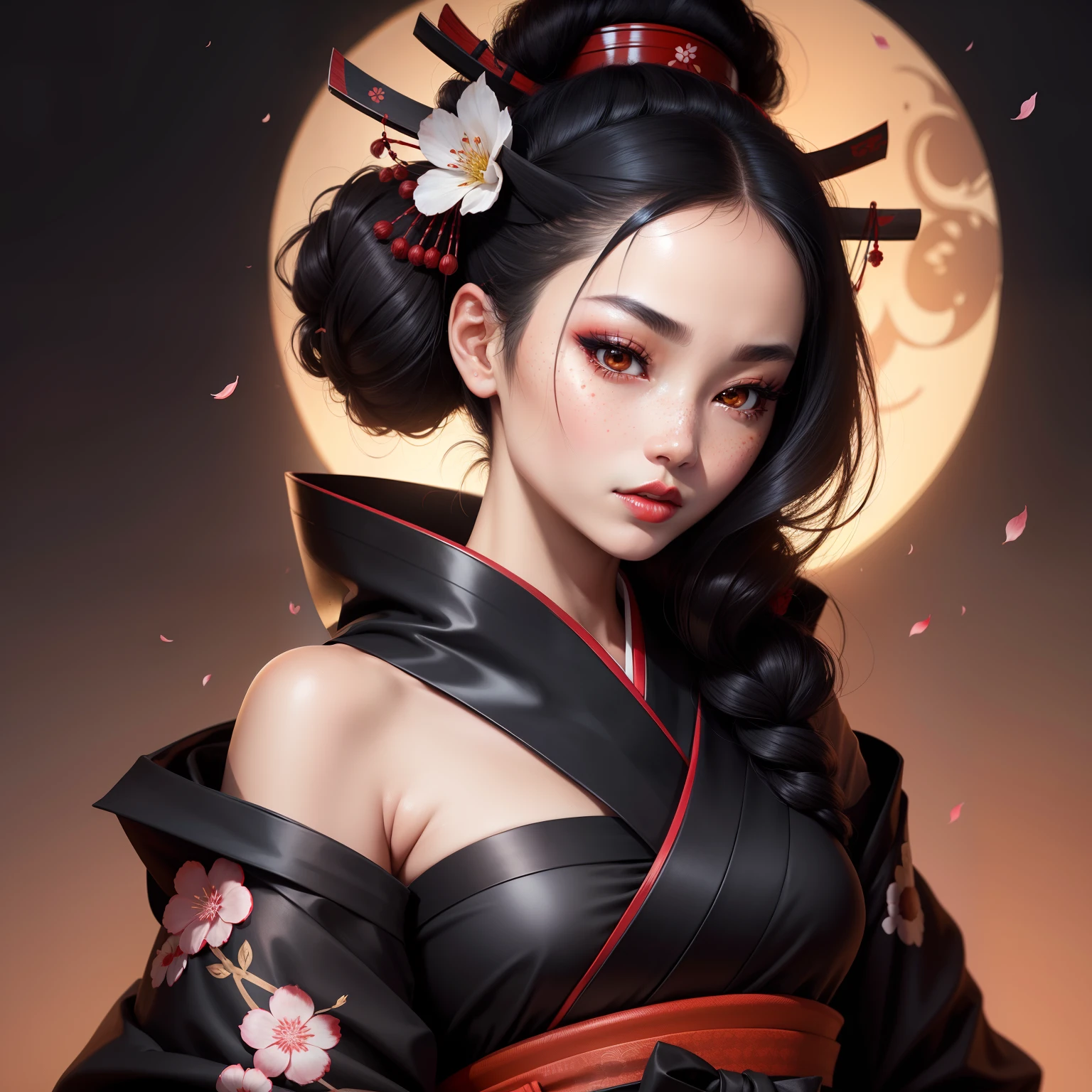 Seductive geisha, wear black kimono, black hair, red moon, dark skin complexion, cherry blossom on hair, 4k, almond eyes, big lip, logo, heart shape face, face fuller, sexy hair tied up, black eyes, dark red lipstick, female samurai warrior, swords, face shots, head shots, freckles on the face, up close head face shots, full hair