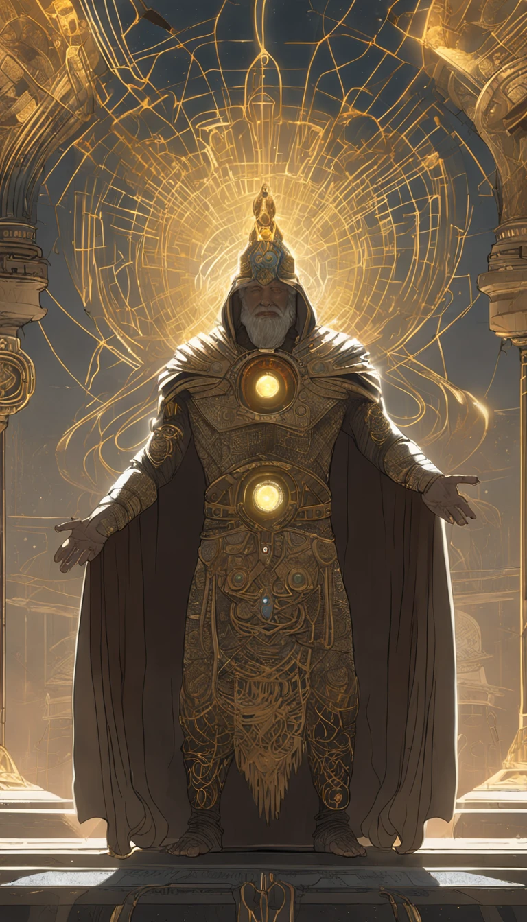 "Anu, the ancient god, towers as a giant, an embodiment of divine power and majesty. His skin is a warm light brown, and a long, flowing grey beard cascades down, signifying his timeless wisdom. He wears an opulent cloak, a fusion of ancient design and high-tech shimmer, hinting at a civilization both archaic and advanced. The cloak glitters with intricate patterns, possibly circuits or celestial maps. Adorning his head is a crown, both regal and futuristic, studded with gems that pulse with light. Wrapped around his left wrist is a high-tech watch, its face a blend of holographic displays and Sumerian glyphs. In his right hand, he holds a device, swirling with energy, a portal opener to other realms or times. His left hand firmly grips an ancient bag, its contents a profound mystery but radiating an otherworldly aura. Sprouting from his back are magnificent golden eagle wings, grand in span and shimmering in the ethereal light. He stands resolutely in front of the Tree of Life, its branches and roots intertwined in an eternal dance of creation and knowledge. The backdrop reveals vast high-tech temples, grand structures with glowing symbols, and levitating platforms. Nestled among these marvels, a bowl holds a miniature Earth, rotating slowly, a tribute to the planet and Anu's dominion over it."