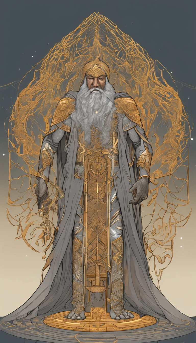 "Anu, the ancient god, towers as a giant, an embodiment of divine power and majesty. His skin is a warm light brown, and a long, flowing grey beard cascades down, signifying his timeless wisdom. He wears an opulent cloak, a fusion of ancient design and high-tech shimmer, hinting at a civilization both archaic and advanced. The cloak glitters with intricate patterns, possibly circuits or celestial maps. Adorning his head is a crown, both regal and futuristic, studded with gems that pulse with light. Wrapped around his left wrist is a high-tech watch, its face a blend of holographic displays and Sumerian glyphs. In his right hand, he holds a device, swirling with energy, a portal opener to other realms or times. His left hand firmly grips an ancient bag, its contents a profound mystery but radiating an otherworldly aura. Sprouting from his back are magnificent golden eagle wings, grand in span and shimmering in the ethereal light. He stands resolutely in front of the Tree of Life, its branches and roots intertwined in an eternal dance of creation and knowledge. The backdrop reveals vast high-tech temples, grand structures with glowing symbols, and levitating platforms. Nestled among these marvels, a bowl holds a miniature Earth, rotating slowly, a tribute to the planet and Anu's dominion over it."