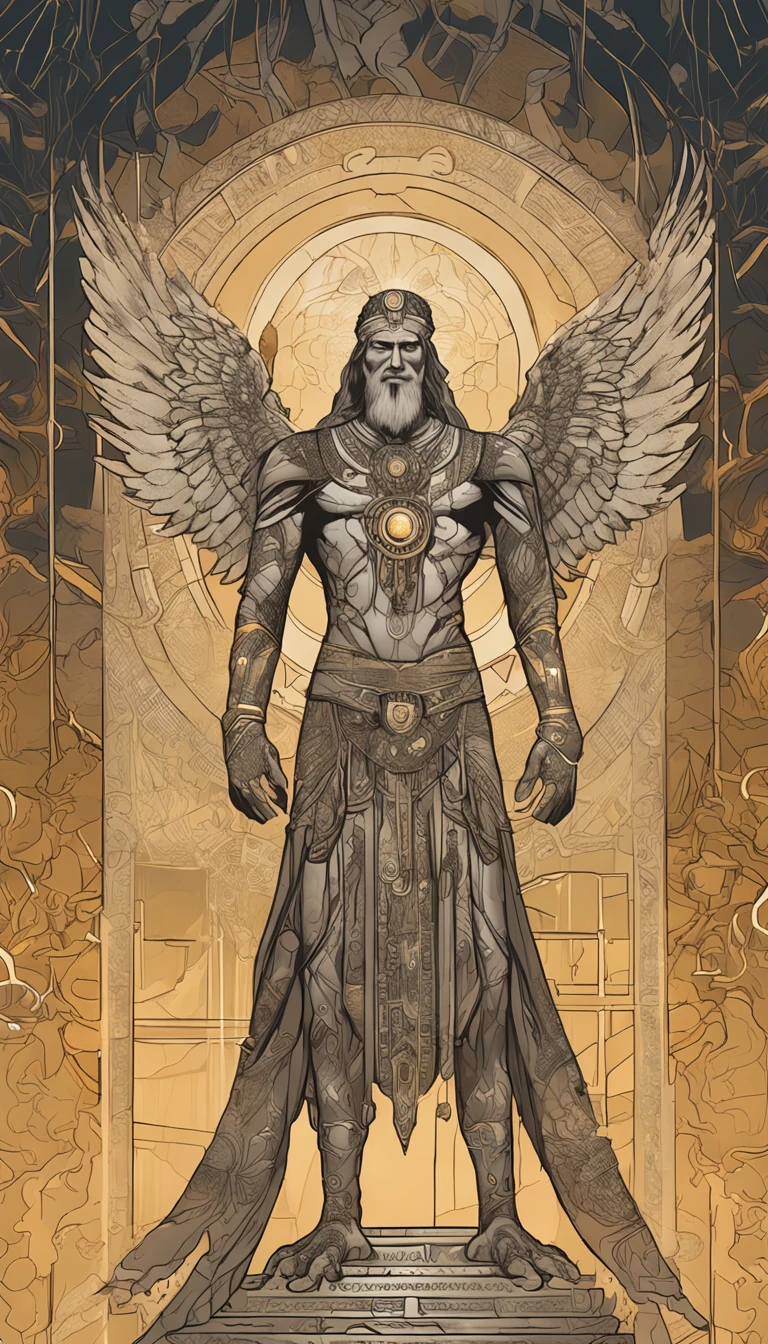 "Anu, the ancient god, towers as a giant, an embodiment of divine power and majesty. His skin is a warm light brown, and a long, flowing grey beard cascades down, signifying his timeless wisdom. He wears an opulent cloak, a fusion of ancient design and high-tech shimmer, hinting at a civilization both archaic and advanced. The cloak glitters with intricate patterns, possibly circuits or celestial maps. Adorning his head is a crown, both regal and futuristic, studded with gems that pulse with light. Wrapped around his left wrist is a high-tech watch, its face a blend of holographic displays and Sumerian glyphs. In his right hand, he holds a device, swirling with energy, a portal opener to other realms or times. His left hand firmly grips an ancient bag, its contents a profound mystery but radiating an otherworldly aura. Sprouting from his back are magnificent golden eagle wings, grand in span and shimmering in the ethereal light. He stands resolutely in front of the Tree of Life, its branches and roots intertwined in an eternal dance of creation and knowledge. The backdrop reveals vast high-tech temples, grand structures with glowing symbols, and levitating platforms. Nestled among these marvels, a bowl holds a miniature Earth, rotating slowly, a tribute to the planet and Anu's dominion over it."