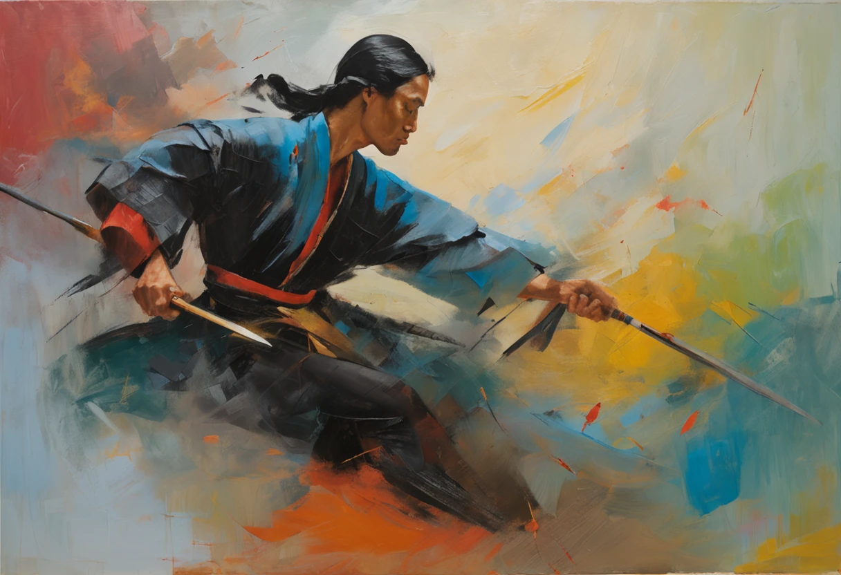 Composition with a sense of speed、Combat stance、Dark-haired young man、Soaring black hair、Blue national costume、Wielding a dagger、