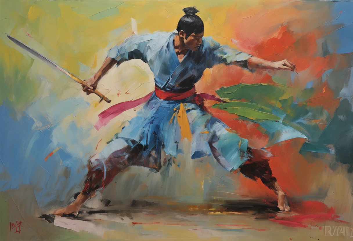 Composition with a sense of speed、Combat stance、Dark-haired young man、Soaring black hair、Blue national costume、Wielding a dagger、