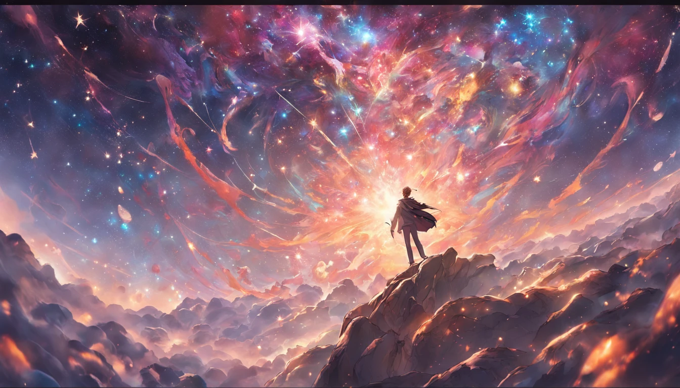 "Man on the verge of the creation of the universe, obra-prima de alta qualidade, detalhes incrivelmente realistas, figura imponente em meio a um cosmos vibrante e colorido, with cosmic explosions, nebulosas exuberantes e estrelas cintilantes, stunning lighting highlighting the contours of the character, impactful facial expression and piercing gaze. O universo se desvenda diante desse homem, Revealing the Greatness of Creation.+"