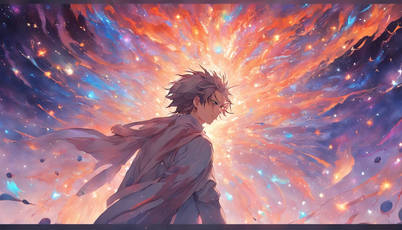 "Man on the verge of the creation of the universe, obra-prima de alta qualidade, detalhes incrivelmente realistas, figura imponente em meio a um cosmos vibrante e colorido, with cosmic explosions, nebulosas exuberantes e estrelas cintilantes, stunning lighting highlighting the contours of the character, impactful facial expression and piercing gaze. O universo se desvenda diante desse homem, Revealing the Greatness of Creation.+"