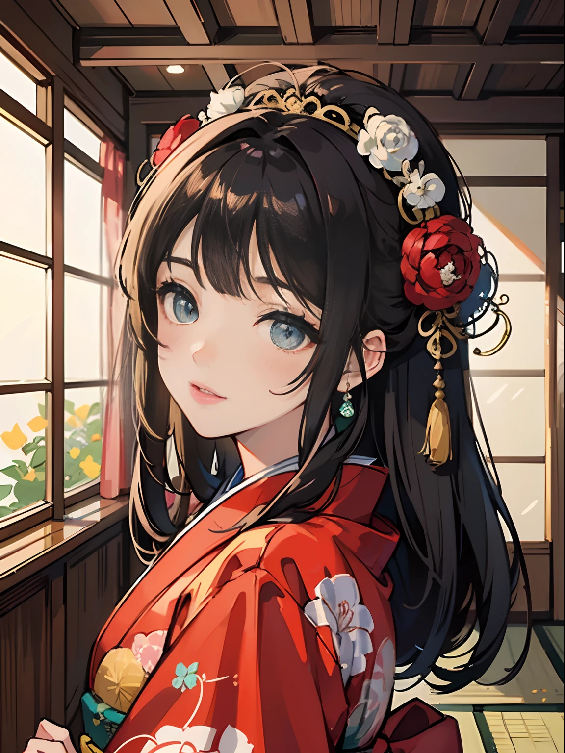Master Pieces,hyper quality, Hyper Detailed,Perfect drawing,独奏、Beauty in the world、Komono、Japanese dress、Black-haired、Japanese hair、Colorful Japan kimono、Nishijin Ori、Delicate and smart eyes、Half-open lips、sidelong glance、Graceful、Gorgeous、Beautiful、red blush(0.2)、Dazzling、Stunning、Gorgeous、Gentle、Shunguang、natural soft light、traditional Japanese room、Accurate drawing、Detailed drawing、