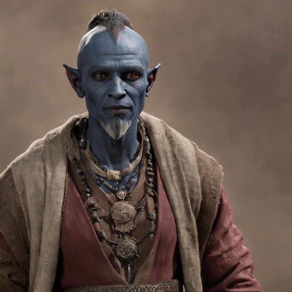 tes. dunmer. male. dark-blue skin. dark-grey skin. ashen skin. red eyes. beard. photorealistic. bright oriental clothes