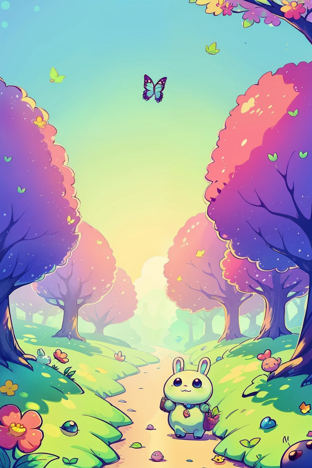a cute little slime monster walks happily in a magic city, trees with lots of leaves, flowers, blue sky, cute bunnies follow the little monster in the magic forest, butterflys, candy shop