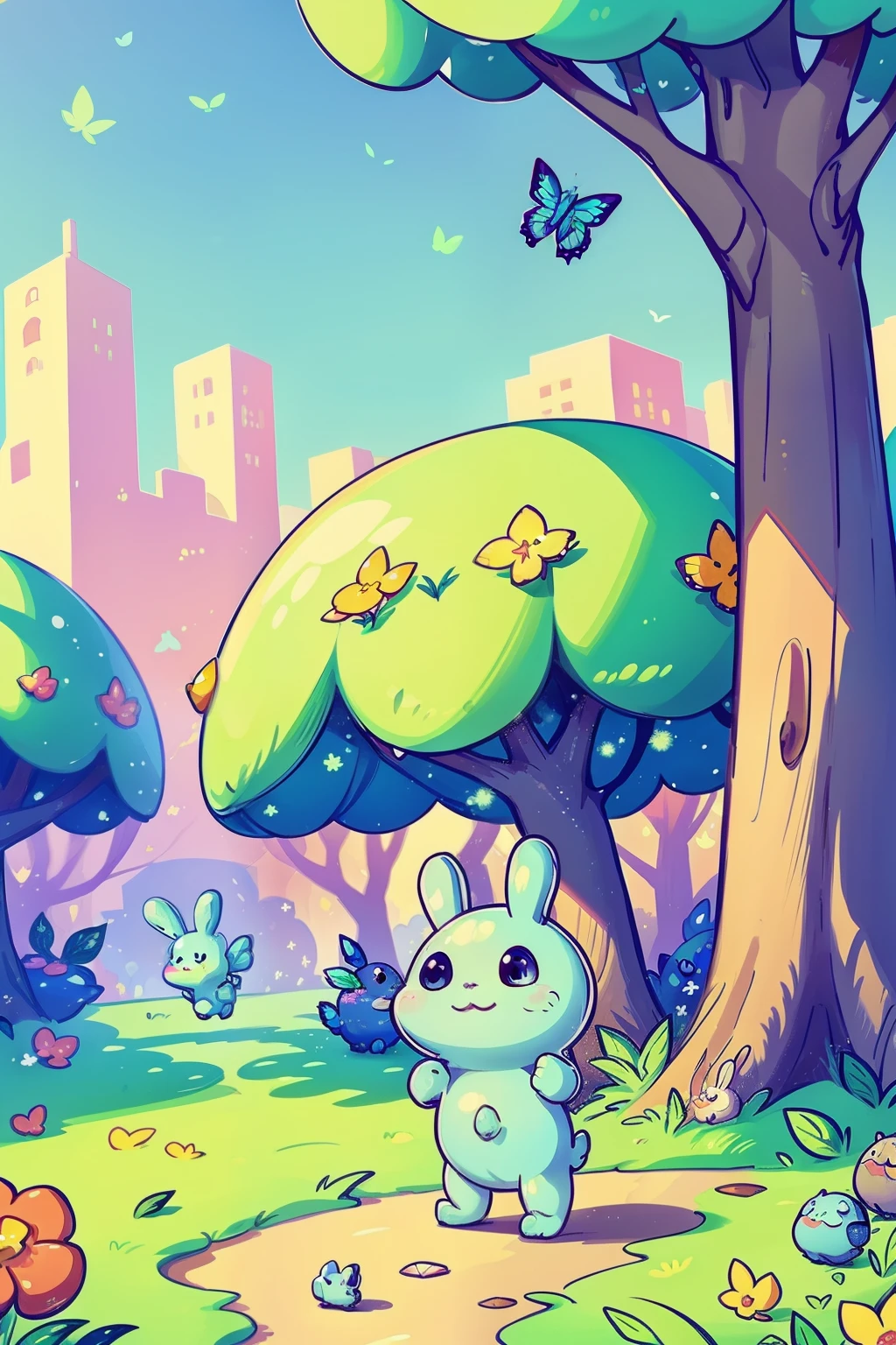 a cute little slime monster walks happily in a magic city, trees with lots of leaves, flowers, blue sky, cute bunnies follow the little monster in the magic forest, butterflys, candy shop