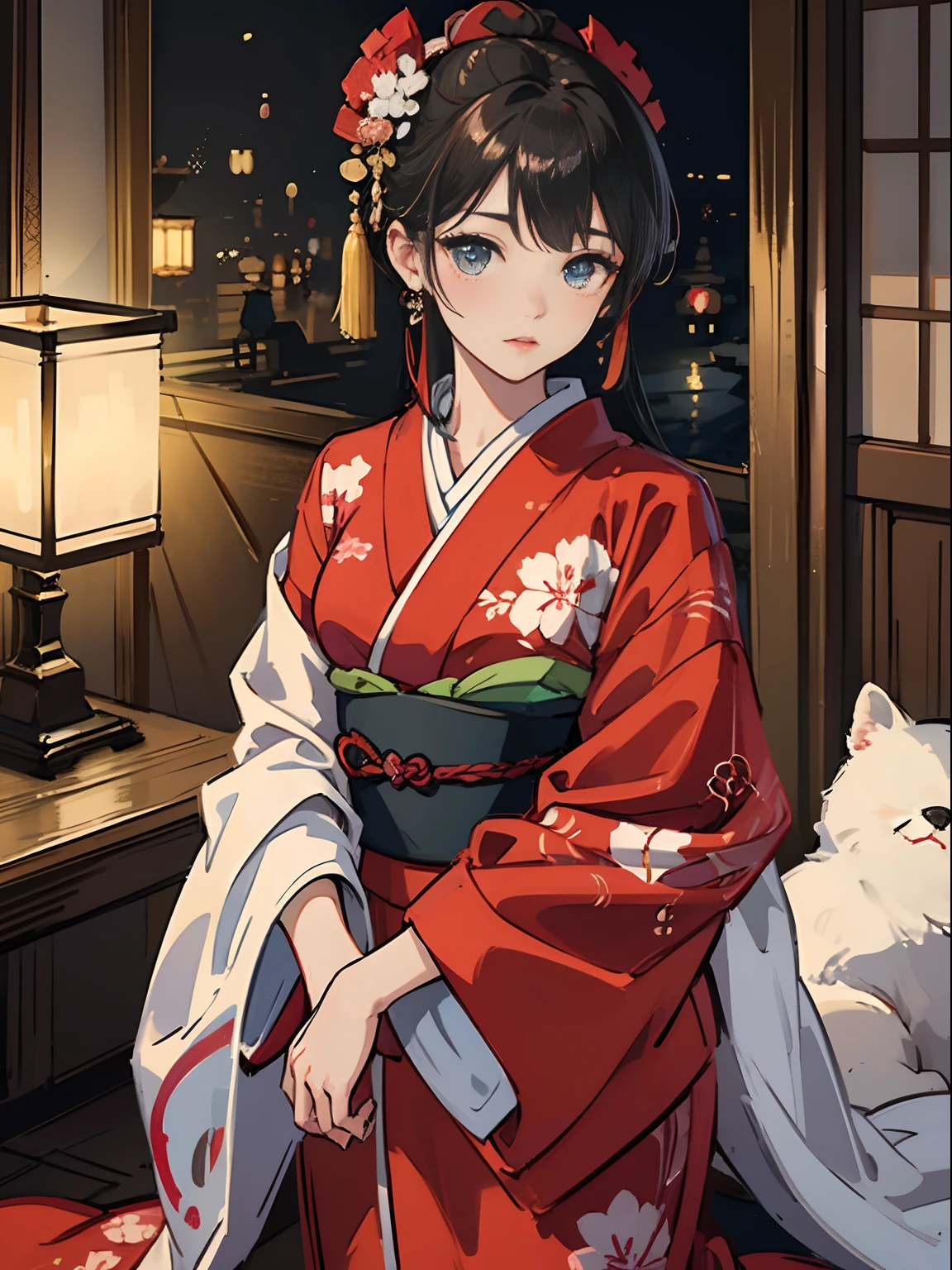 Master Pieces,hyper quality, Hyper Detailed,Perfect drawing,独奏、Beauty in the world、Komono、Japanese dress、Black-haired、Japanese hair、Colorful Japan kimono、Nishijin Ori、Delicate and smart eyes、Half-open lips、sidelong glance、Graceful、Gorgeous、Beautiful、red blush(0.2)、Dazzling、Stunning、Gorgeous、Gentle、Shunguang、natural soft light、traditional Japanese room、Accurate drawing、Detailed drawing、