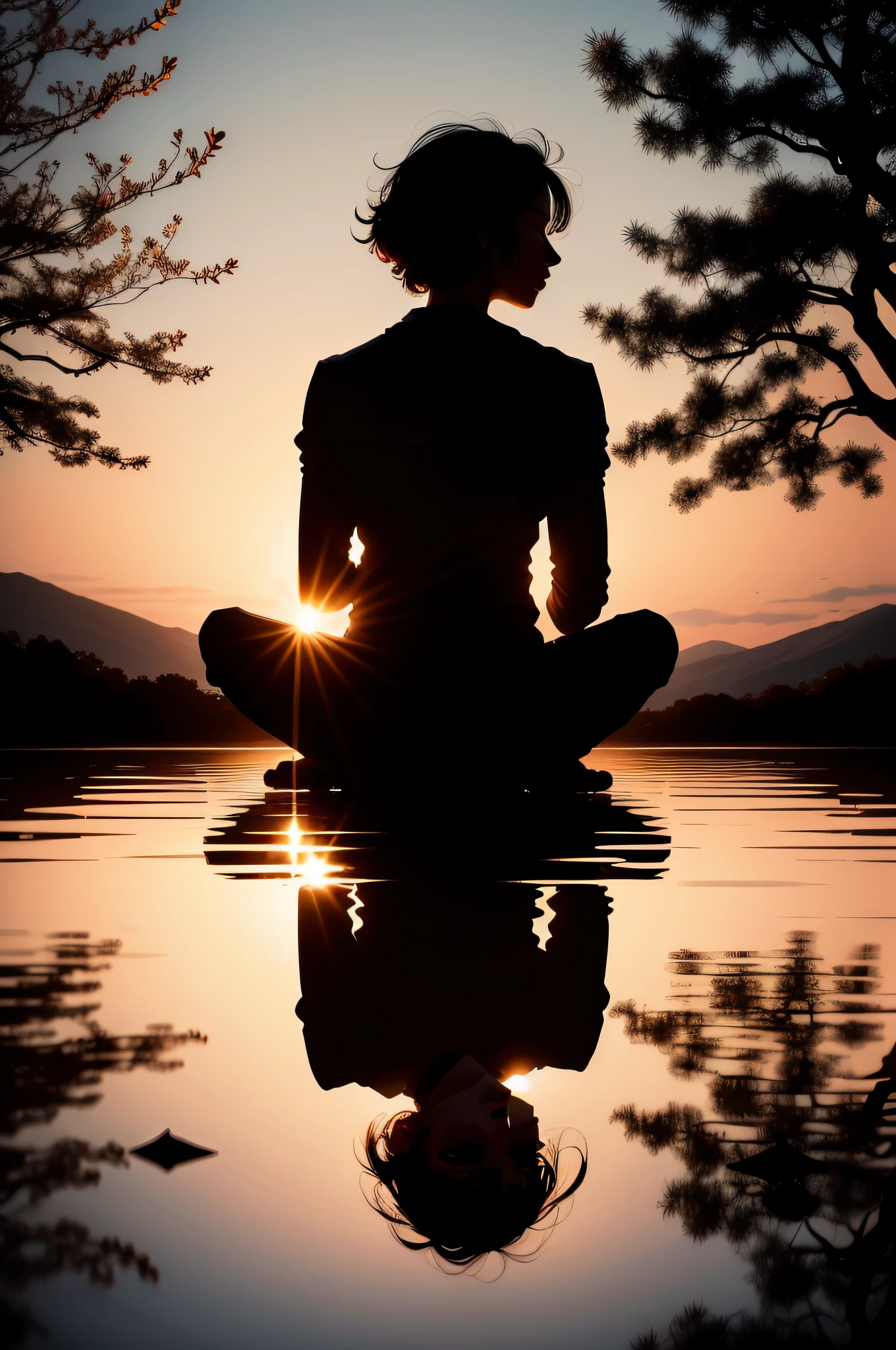 A silhouette or an artistic representation of a person meditating in a peaceful environment, reflecting the practice of introspection.