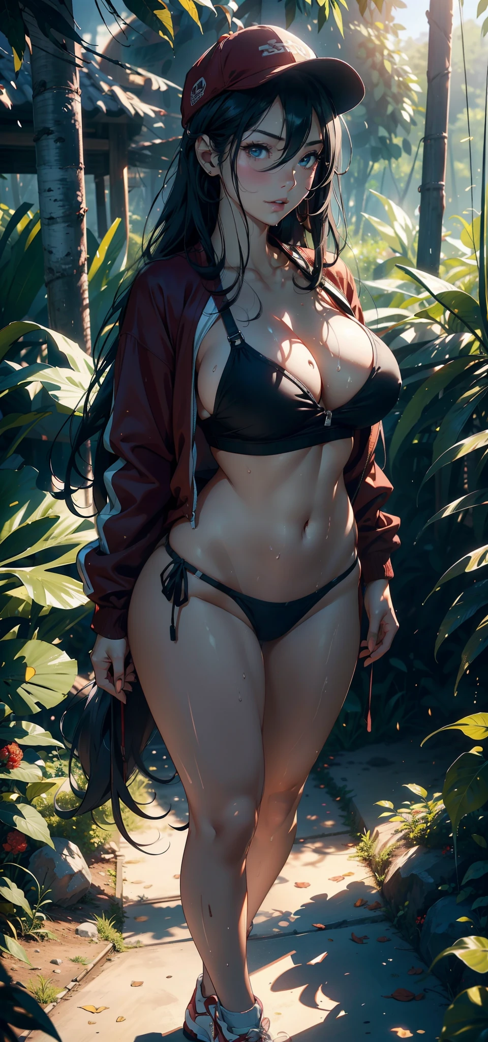 1female，35yo，熟妇，gigantic cleavage breasts，big breasts thin waist，long leges，Pornographic exposure， 独奏，（Background with：ln the forest，the rainforest，in summer） She has long black hair，standing on your feet，Sweat profusely，drenched all over the body，seen from the front， hair straight， mostly cloudy sky，（（（tmasterpiece），（Very detailed CG unity 8K wallpaper），best qualtiy，cinmatic lighting，detailed back ground，beatiful detailed eyes，Bright pupils，（Very fine and beautiful），（Beautiful and detailed eye description），ultra - detailed，tmasterpiece，）），facing at camera，Full body photo，A high resolution，ultra - detailed），revealing breasts，Bare genitalia， Lower body elevation，Raised sexy，Camel toes，Flushed complexion，Open-mouthed，frontage，baseball cap（Wearing：Red baseball jacket，Cowboy bikini，athletic sneakers）nakeness，